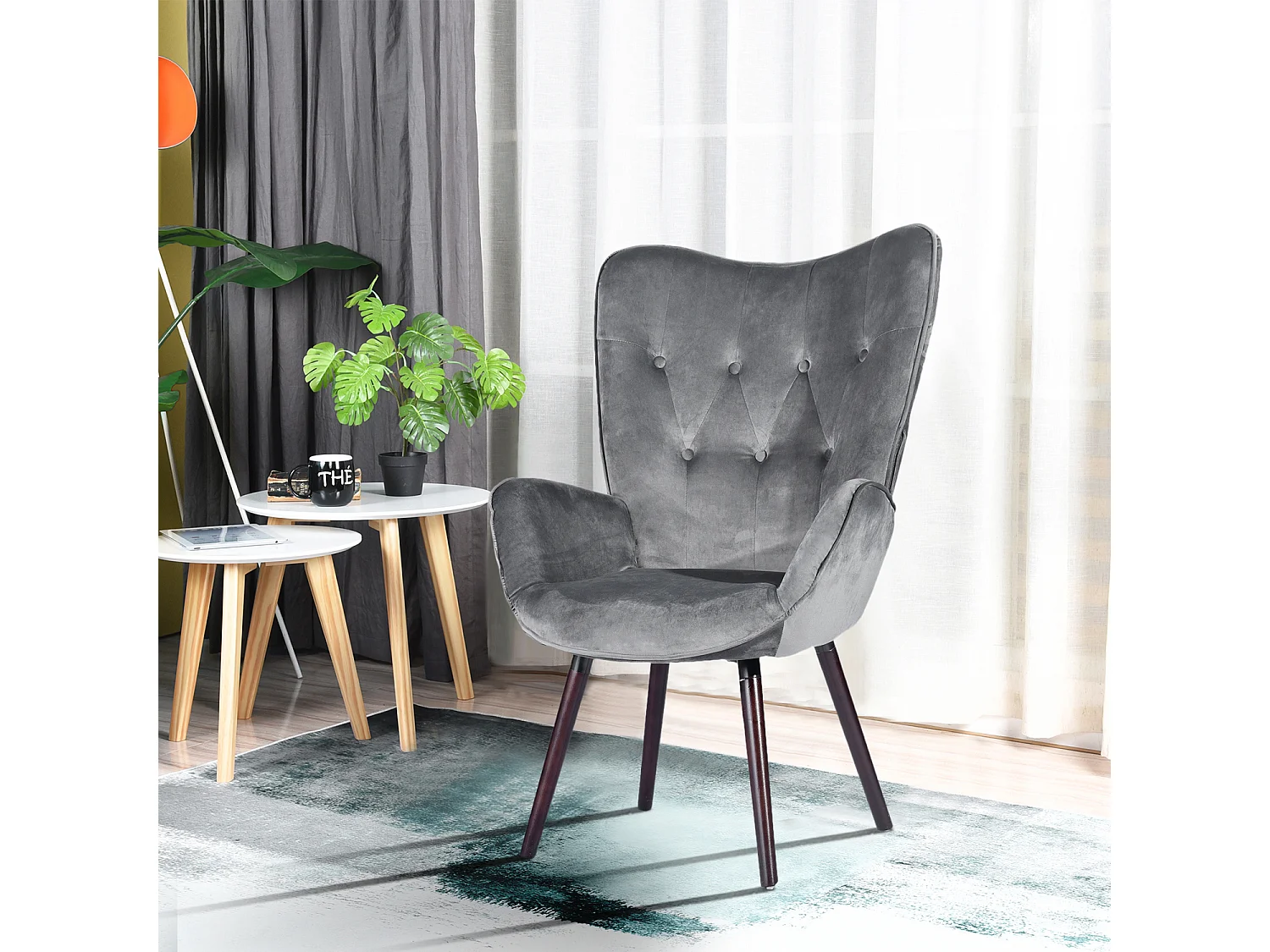 Fauteuil Chaise longue de style scandinave, recouverte de velours gris, accoudoirs rembourrés et pieds en bois massif (hêtre), pour le salon,