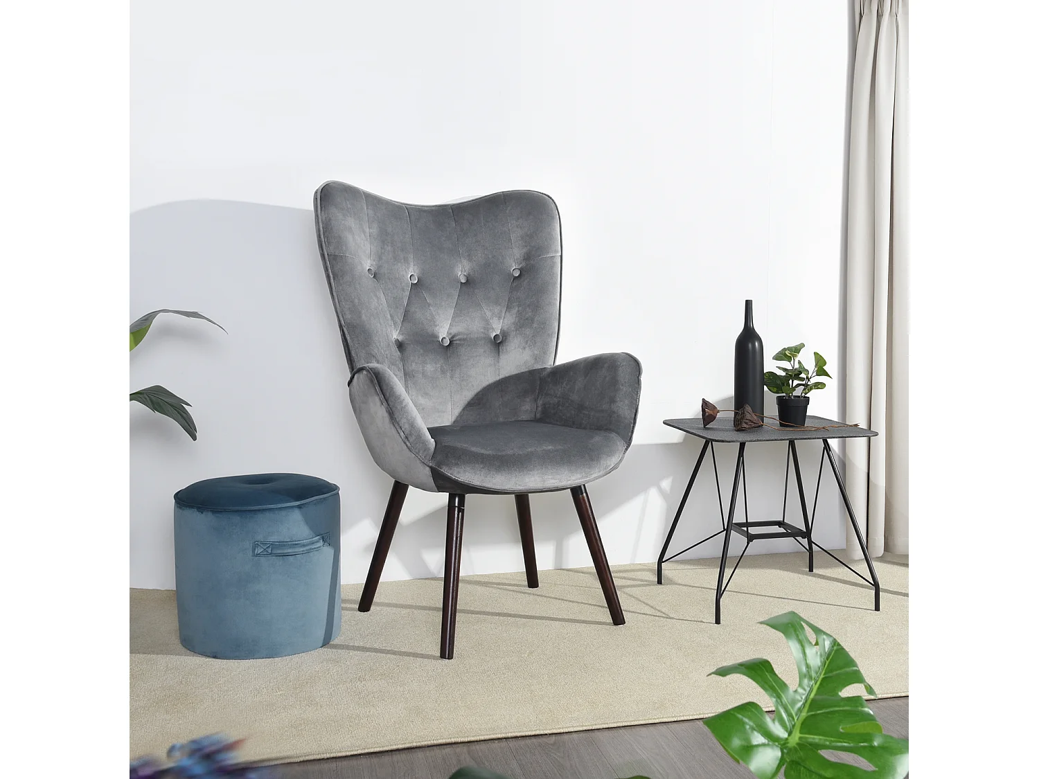 Fauteuil Chaise longue de style scandinave, recouverte de velours gris, accoudoirs rembourrés et pieds en bois massif (hêtre), pour le salon,