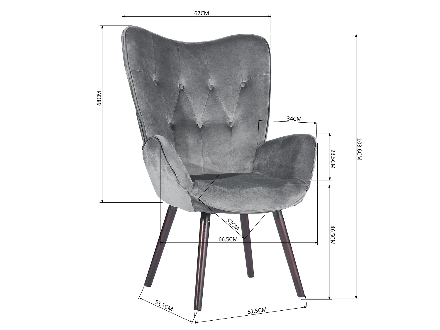 Fauteuil Chaise longue de style scandinave, recouverte de velours gris, accoudoirs rembourrés et pieds en bois massif (hêtre), pour le salon,