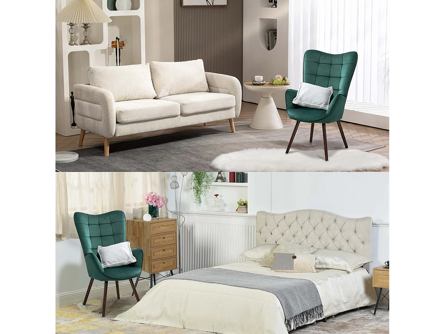 MEUBLES COSY Fauteuil relax fauteuil confortable style scandinave rembourés en velours pieds bois massif,Vert