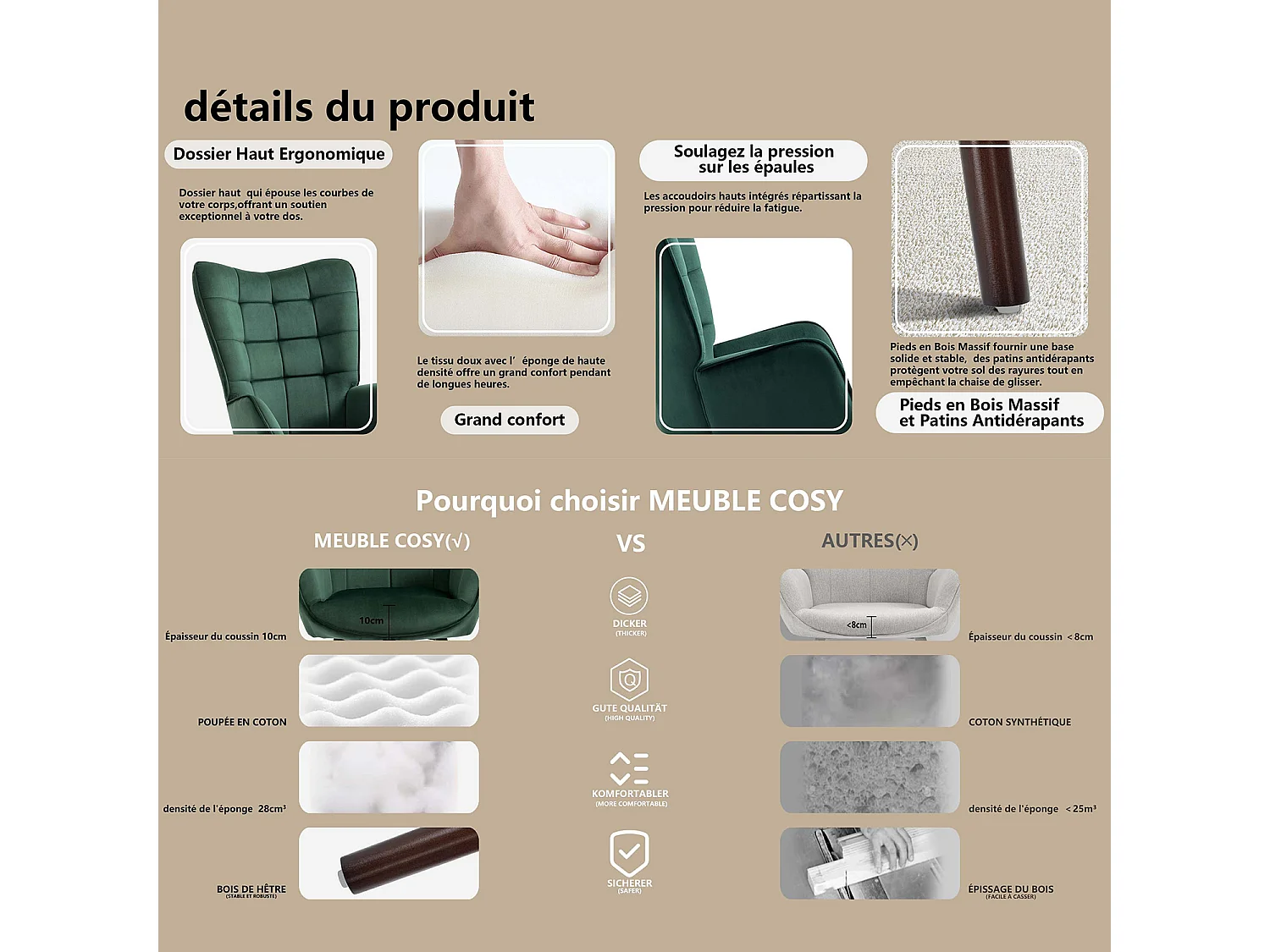 MEUBLES COSY Fauteuil relax fauteuil confortable style scandinave rembourés en velours pieds bois massif,Vert