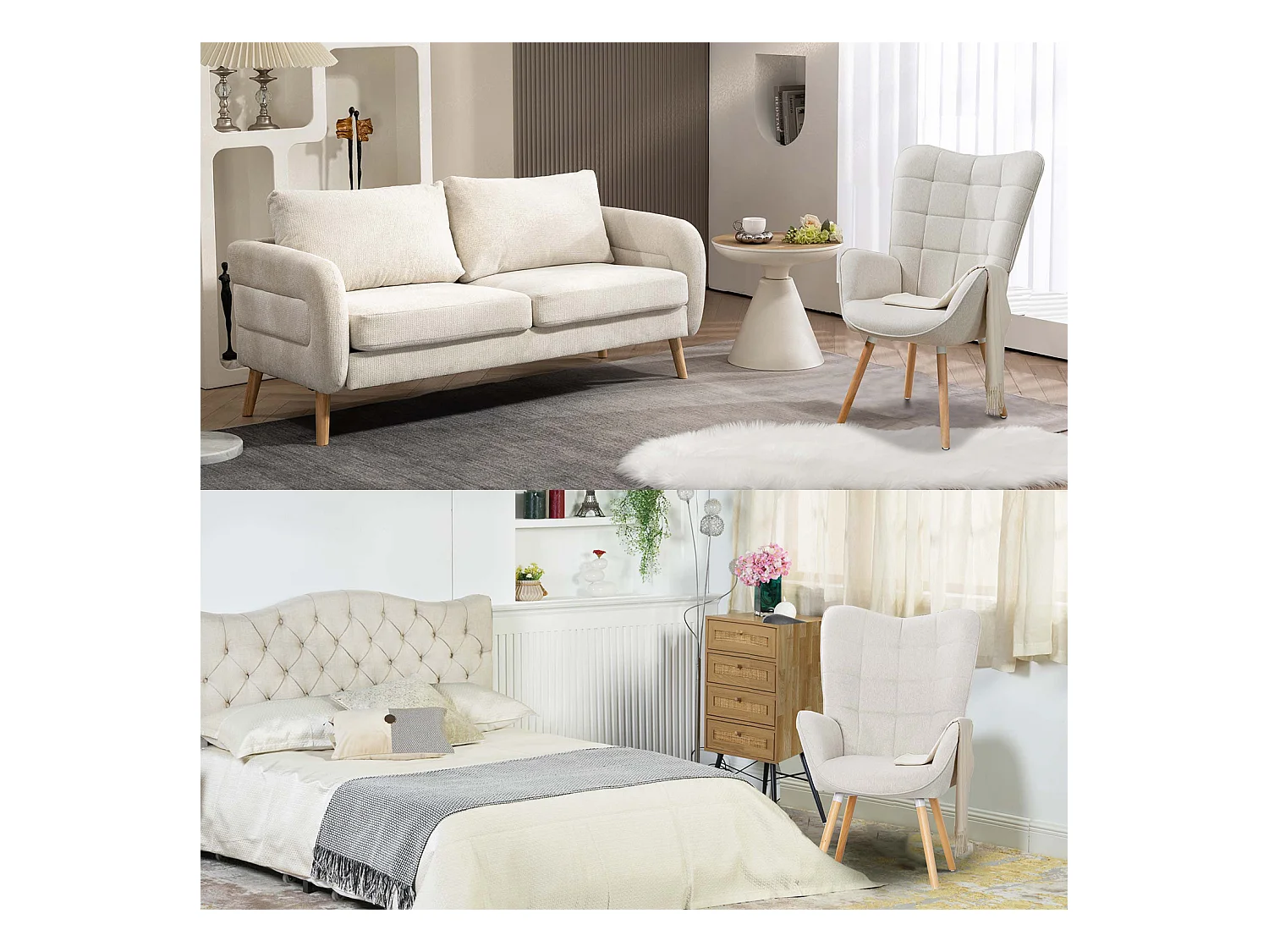 MEUBLES COSY Fauteuil relax fauteuil confortable style scandinave rembourés en Tissu Pieds Bois Massif, Beige