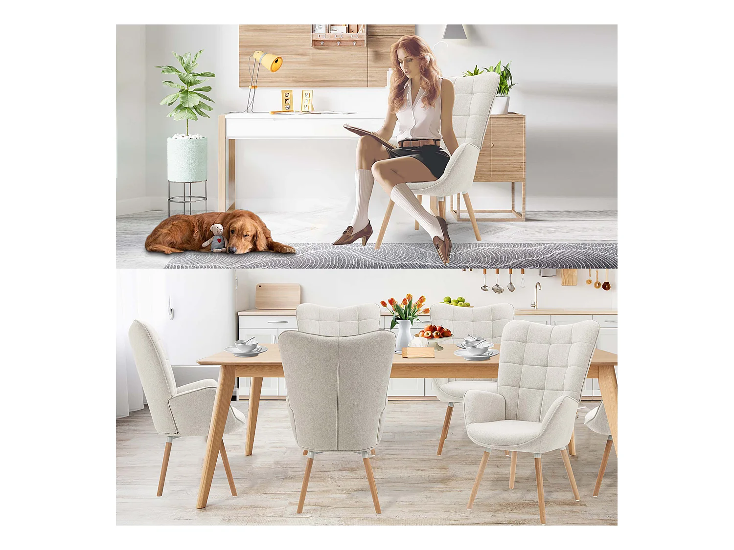 MEUBLES COSY Fauteuil relax fauteuil confortable style scandinave rembourés en Tissu Pieds Bois Massif, Beige