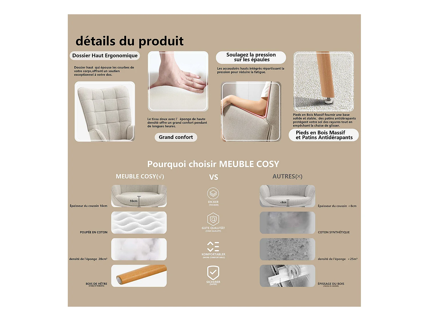 MEUBLES COSY Fauteuil relax fauteuil confortable style scandinave rembourés en Tissu Pieds Bois Massif, Beige