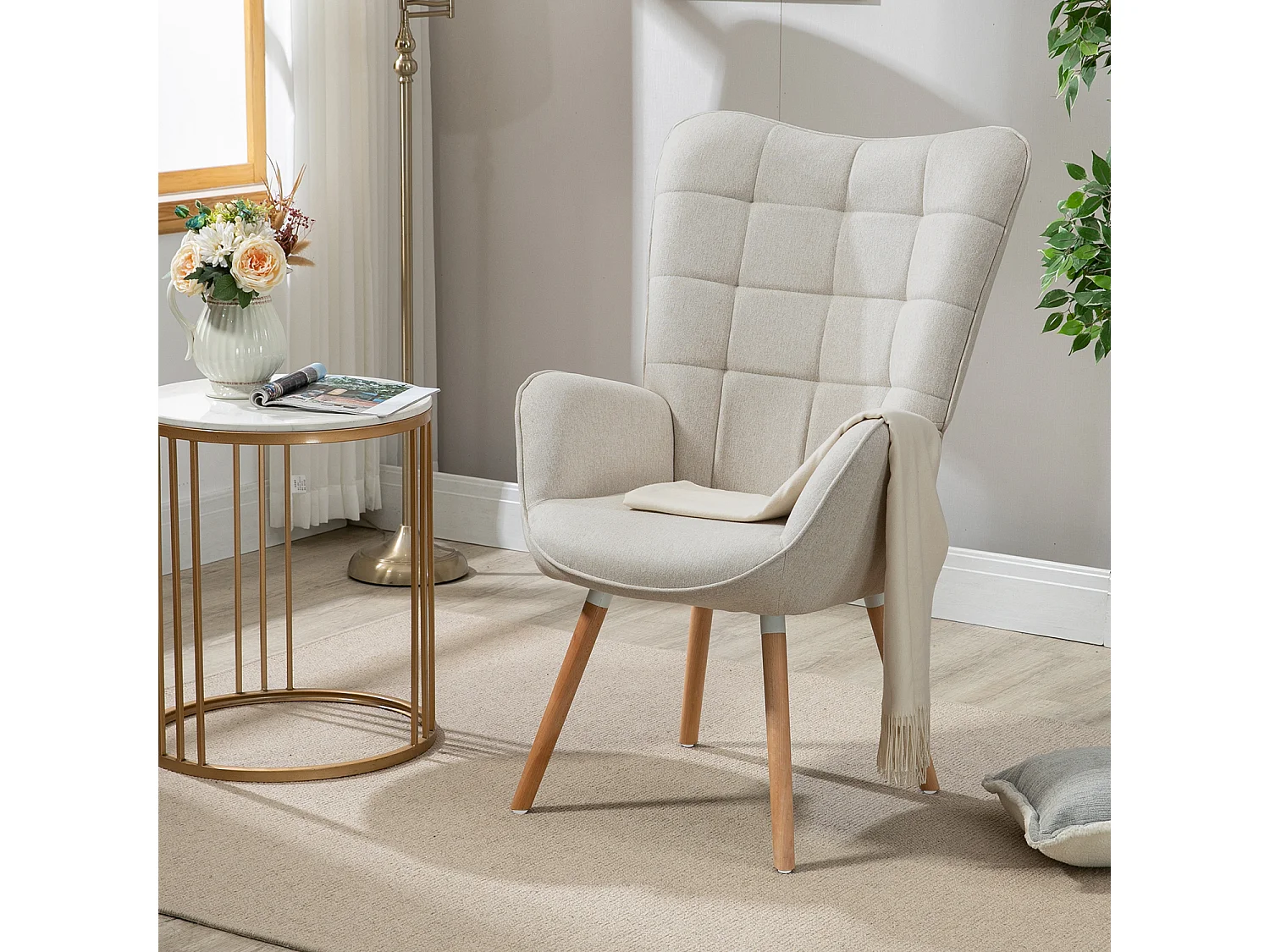 MEUBLES COSY Fauteuil relax fauteuil confortable style scandinave rembourés en Tissu Pieds Bois Massif, Beige