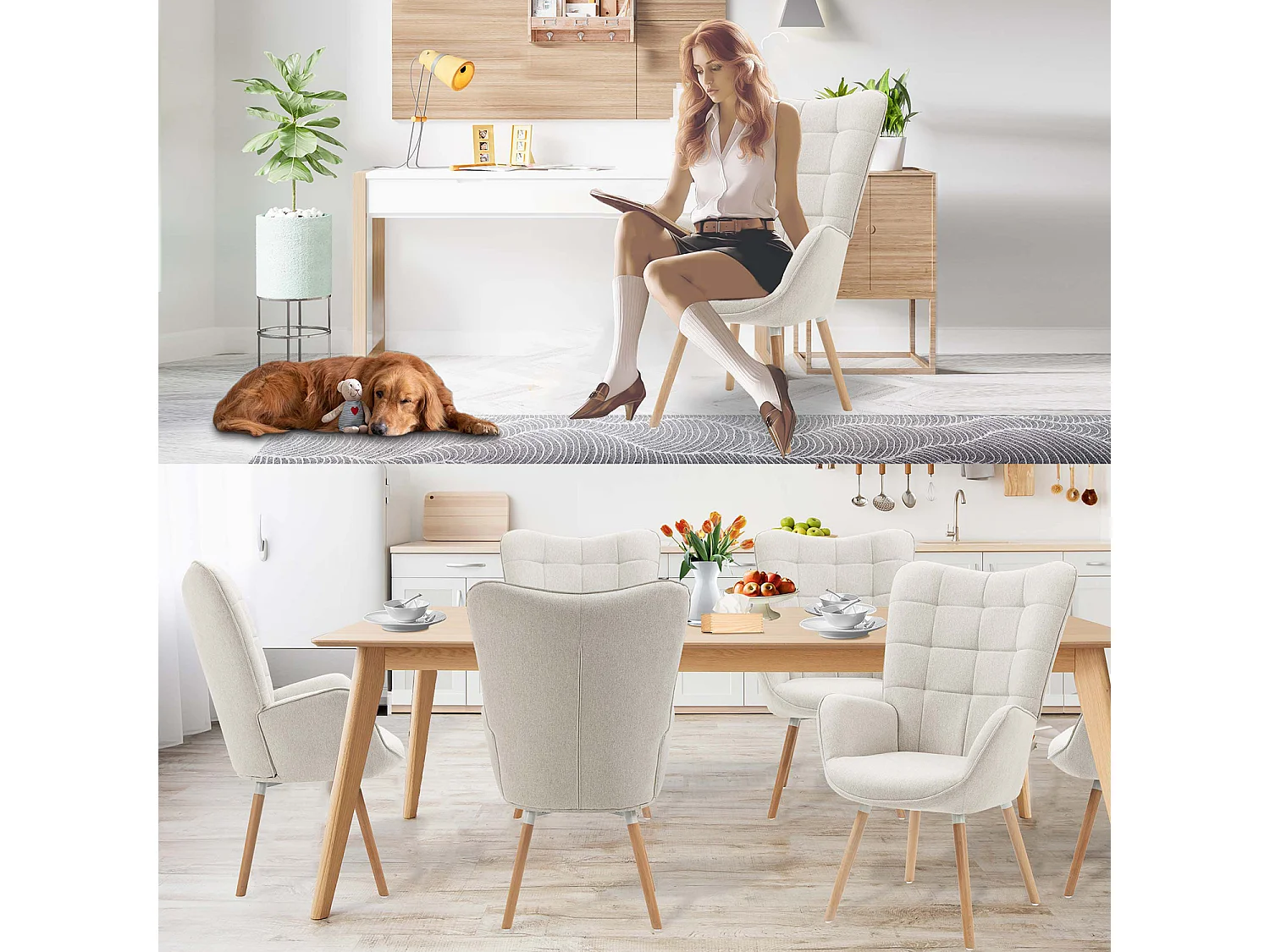 MEUBLES COSY Fauteuil relax fauteuil confortable style scandinave rembourés en Tissu Pieds Bois Massif, Beige