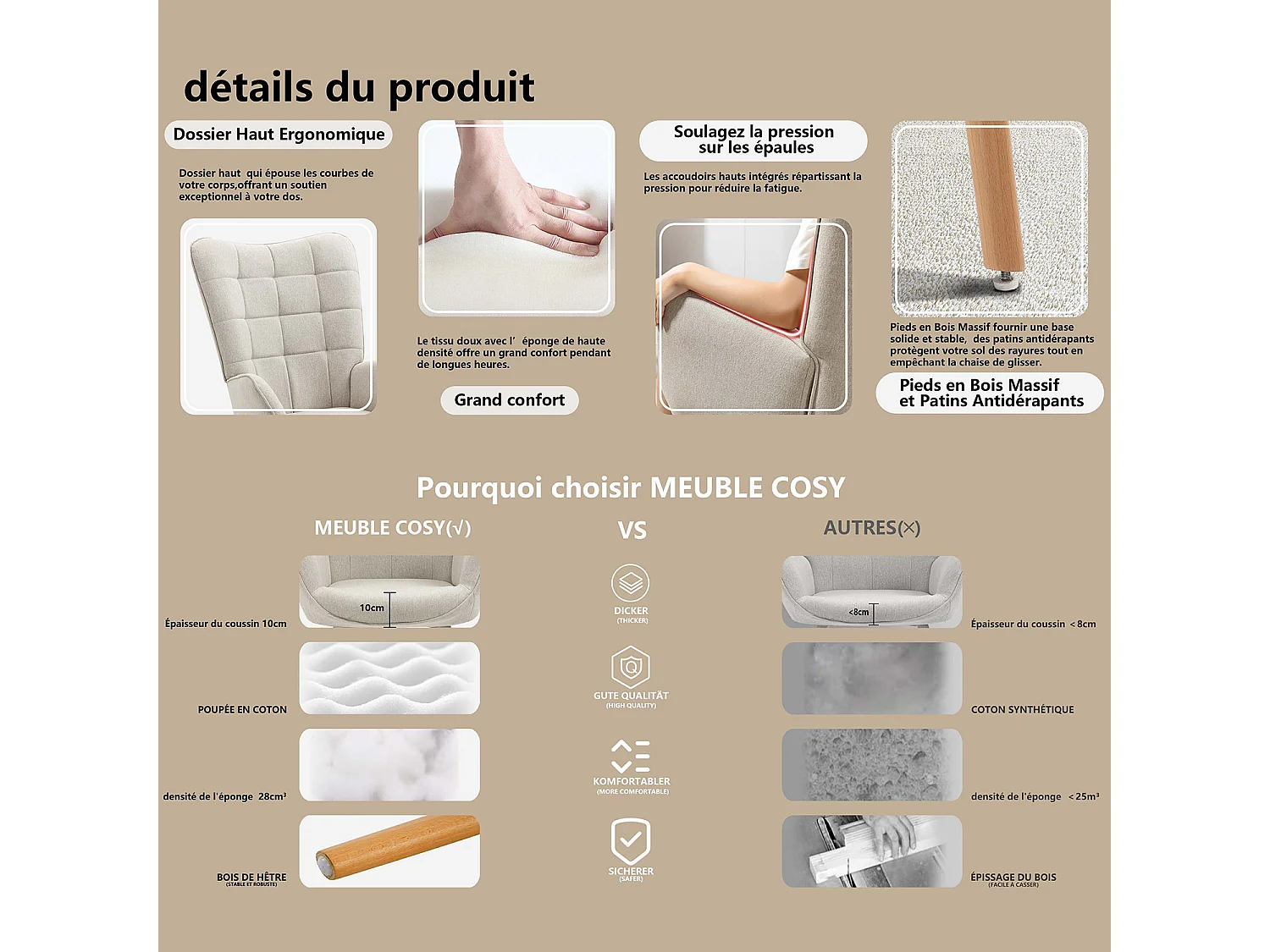 MEUBLES COSY Fauteuil relax fauteuil confortable style scandinave rembourés en Tissu Pieds Bois Massif, Beige