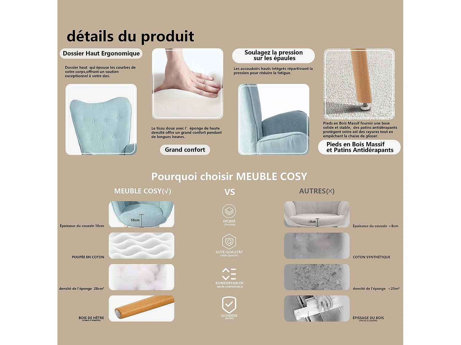 MEUBLES COSY Fauteuil relax fauteuil confortable style scandinave rembourés en tissu pieds bois massif, Vert