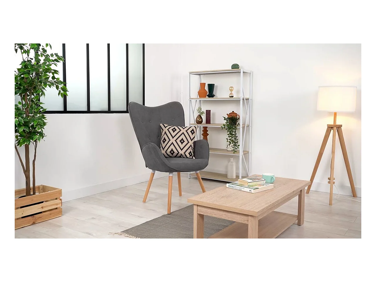 MEUBLES COSY Fauteuil Salon Scandinave Confortable Chaise de Coiffeuse Canapé de Loisirs pour Chambre Salle à Manger Bureau avec Assise Épais Accoudoirs Rembourés en Tissu Pieds Bois Massif, Gris Tissu