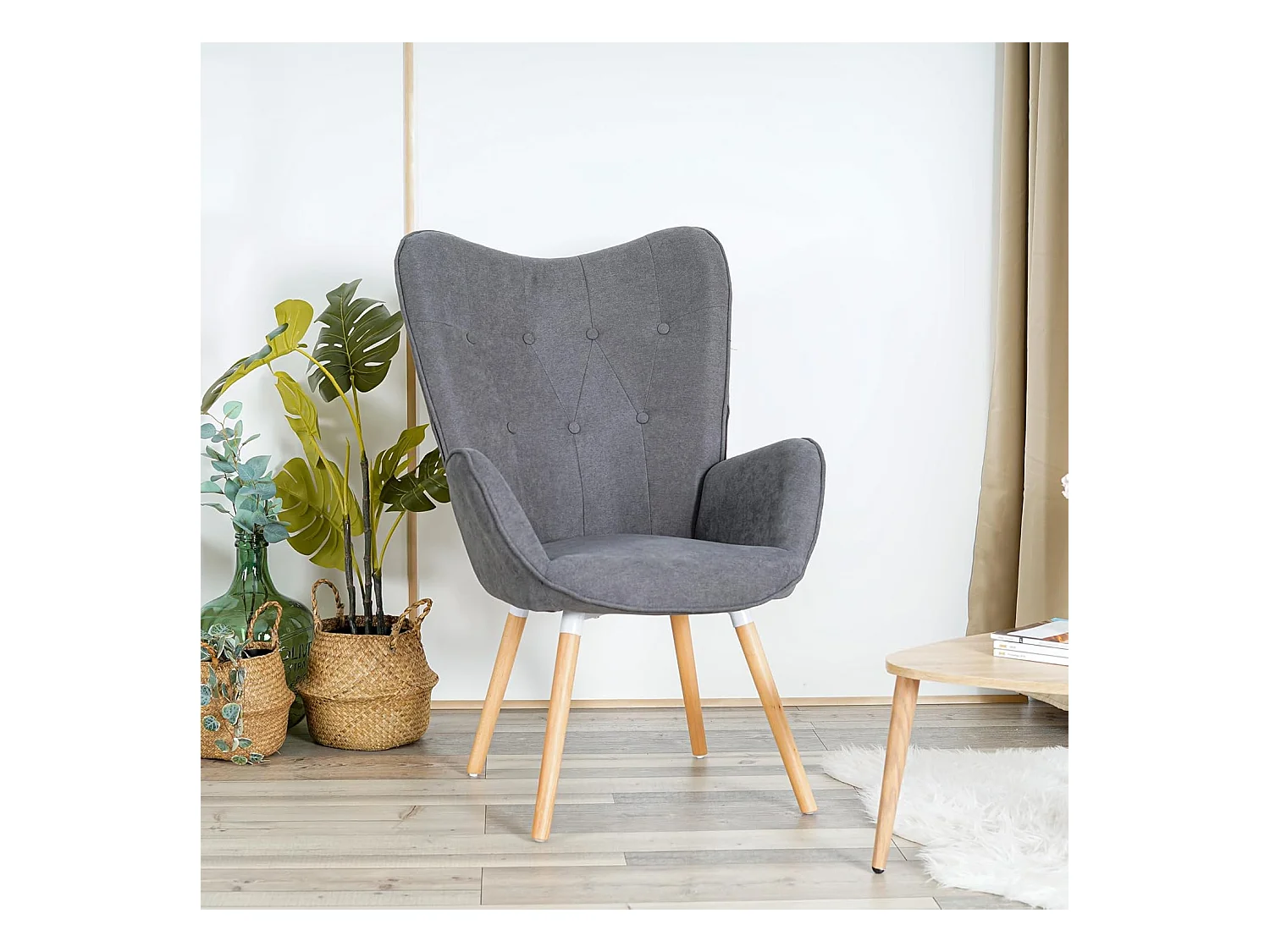 MEUBLES COSY Fauteuil Salon Scandinave Confortable Chaise de Coiffeuse Canapé de Loisirs pour Chambre Salle à Manger Bureau avec Assise Épais Accoudoirs Rembourés en Tissu Pieds Bois Massif, Gris Tissu