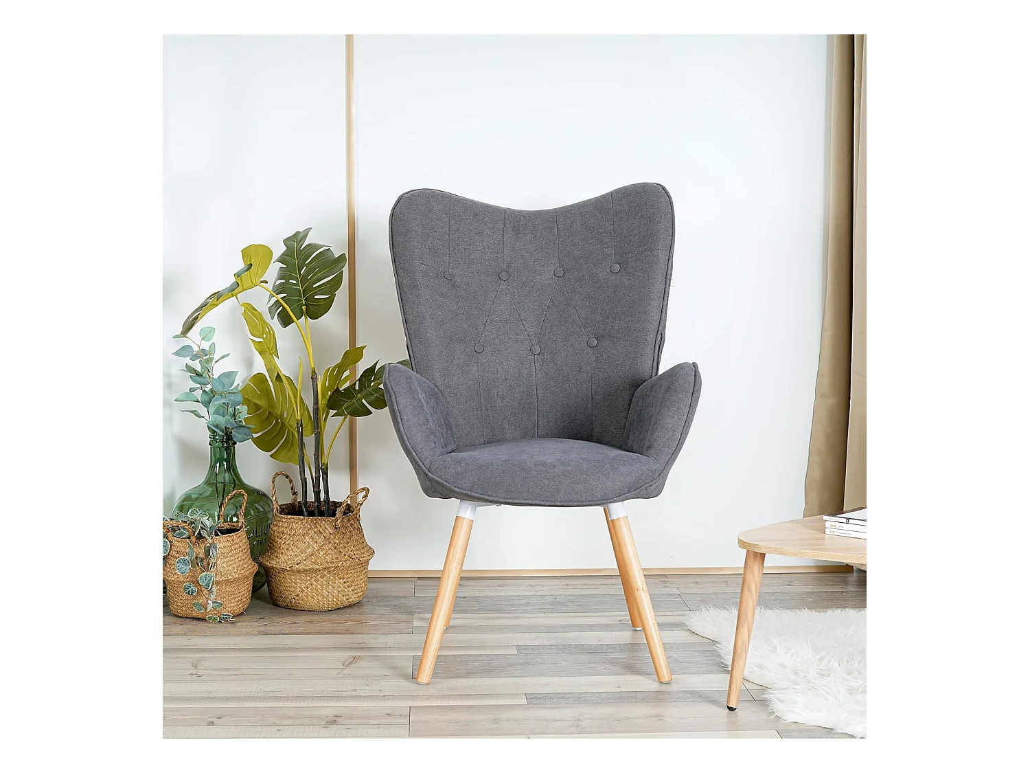 MEUBLES COSY Fauteuil Salon Scandinave Confortable Chaise de Coiffeuse Canapé de Loisirs pour Chambre Salle à Manger Bureau avec Assise Épais Accoudoirs Rembourés en Tissu Pieds Bois Massif, Gris Tissu