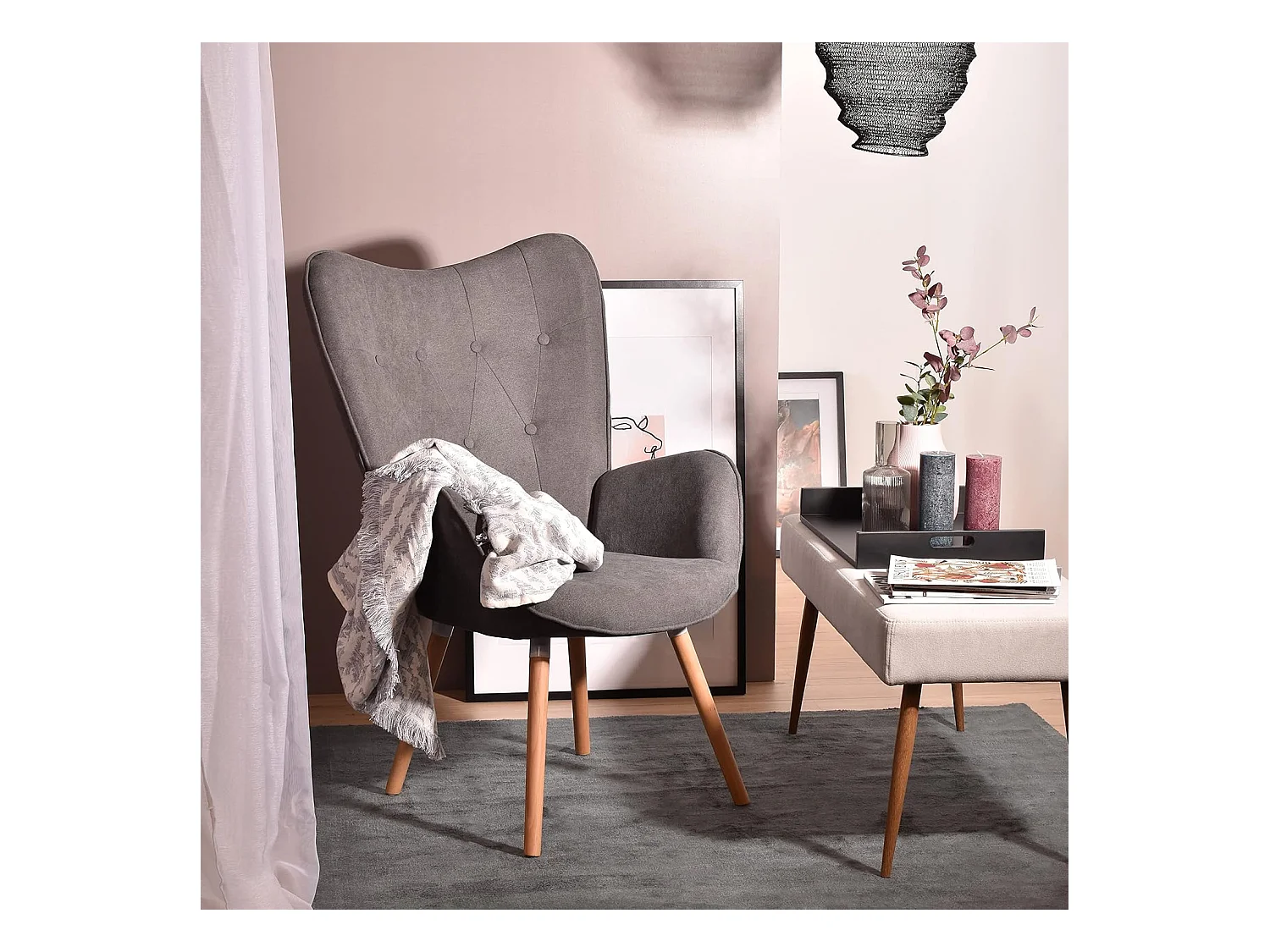 MEUBLES COSY Fauteuil Salon Scandinave Confortable Chaise de Coiffeuse Canapé de Loisirs pour Chambre Salle à Manger Bureau avec Assise Épais Accoudoirs Rembourés en Tissu Pieds Bois Massif, Gris Tissu