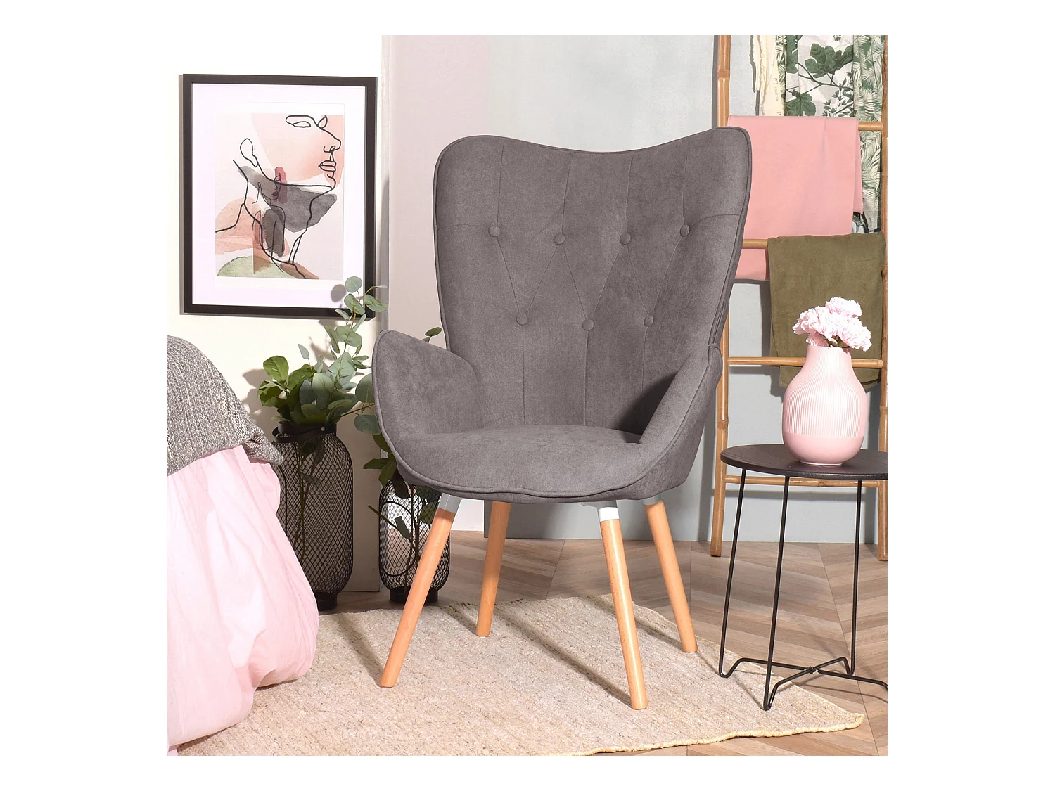 MEUBLES COSY Fauteuil Salon Scandinave Confortable Chaise de Coiffeuse Canapé de Loisirs pour Chambre Salle à Manger Bureau avec Assise Épais Accoudoirs Rembourés en Tissu Pieds Bois Massif, Gris Tissu
