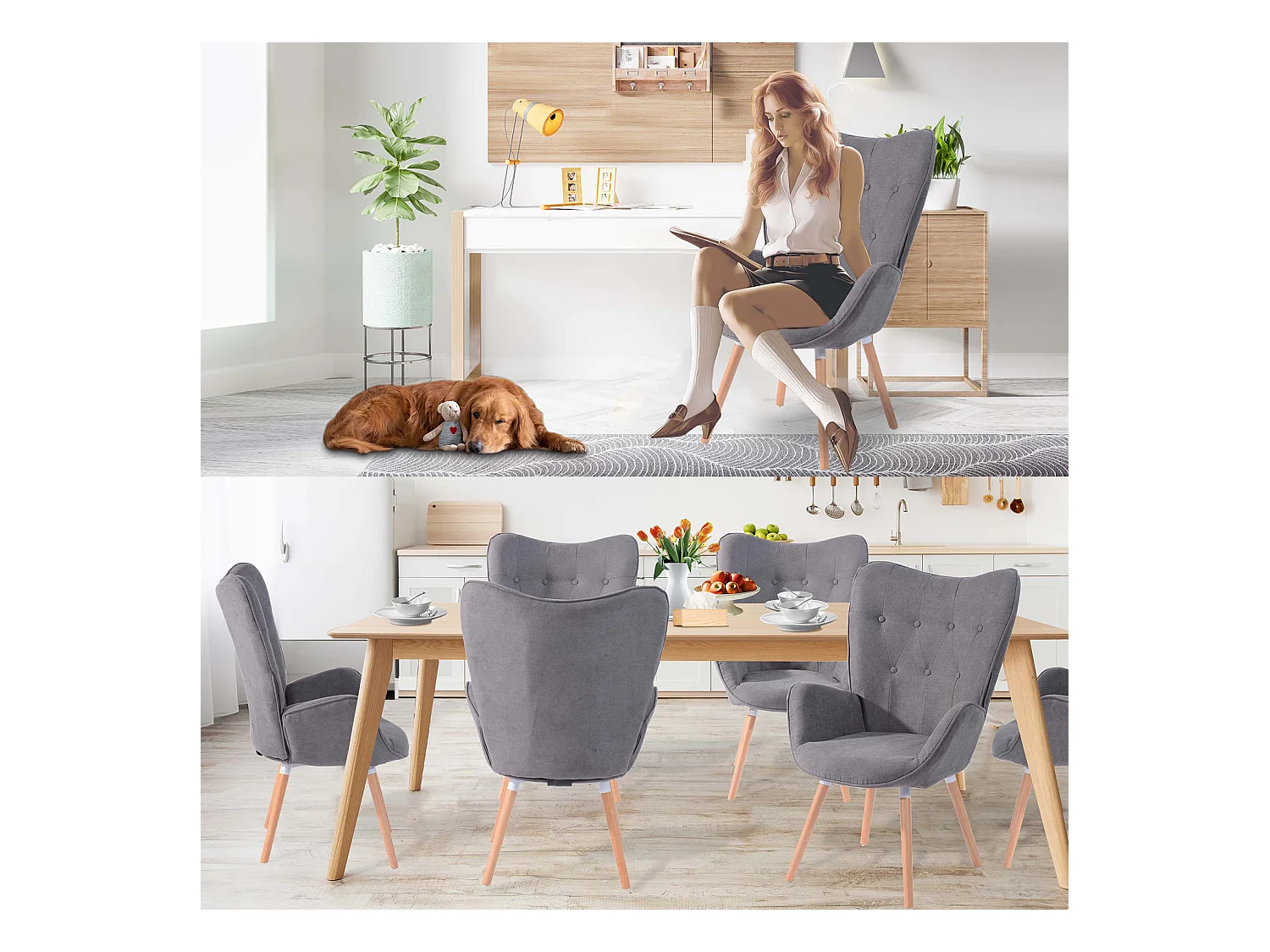 MEUBLES COSY Fauteuil Salon Scandinave Confortable Chaise de Coiffeuse Canapé de Loisirs pour Chambre Salle à Manger Bureau avec Assise Épais Accoudoirs Rembourés en Tissu Pieds Bois Massif, Gris Tissu