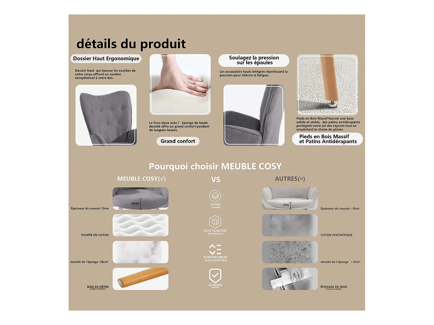 MEUBLES COSY Fauteuil Salon Scandinave Confortable Chaise de Coiffeuse Canapé de Loisirs pour Chambre Salle à Manger Bureau avec Assise Épais Accoudoirs Rembourés en Tissu Pieds Bois Massif, Gris Tissu