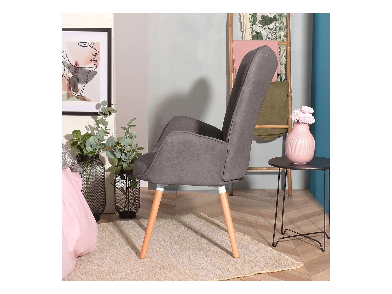 MEUBLES COSY Fauteuil Salon Scandinave Confortable Chaise de Coiffeuse Canapé de Loisirs pour Chambre Salle à Manger Bureau avec Assise Épais Accoudoirs Rembourés en Tissu Pieds Bois Massif, Gris Tissu