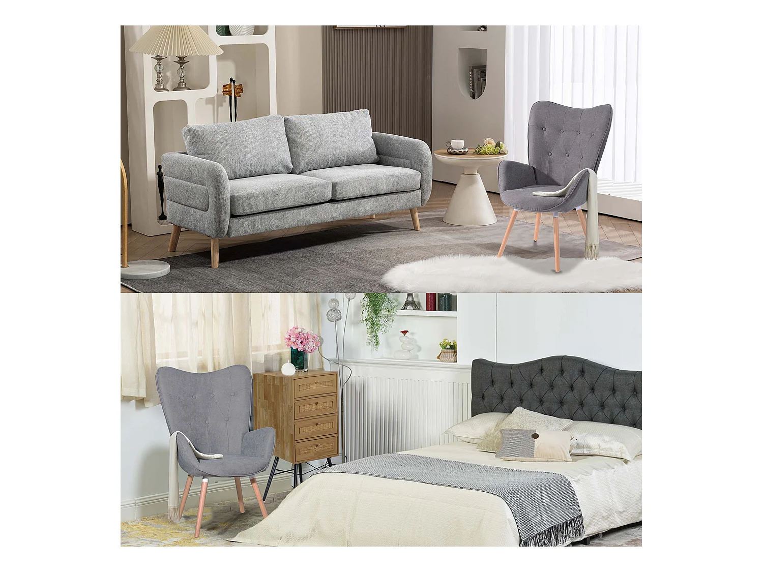 MEUBLES COSY Fauteuil Salon Scandinave Confortable Chaise de Coiffeuse Canapé de Loisirs pour Chambre Salle à Manger Bureau avec Assise Épais Accoudoirs Rembourés en Tissu Pieds Bois Massif, Gris Tissu