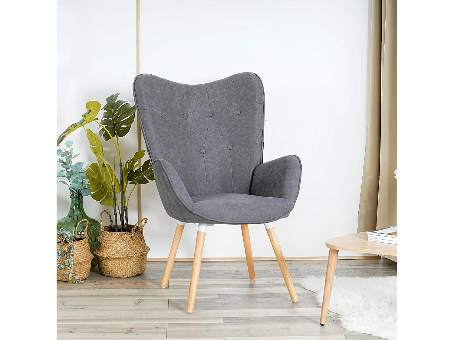 MEUBLES COSY Fauteuil Salon Scandinave Confortable Chaise de Coiffeuse Canapé de Loisirs pour Chambre Salle à Manger Bureau avec Assise Épais Accoudoirs Rembourés en Tissu Pieds Bois Massif, Gris Tissu