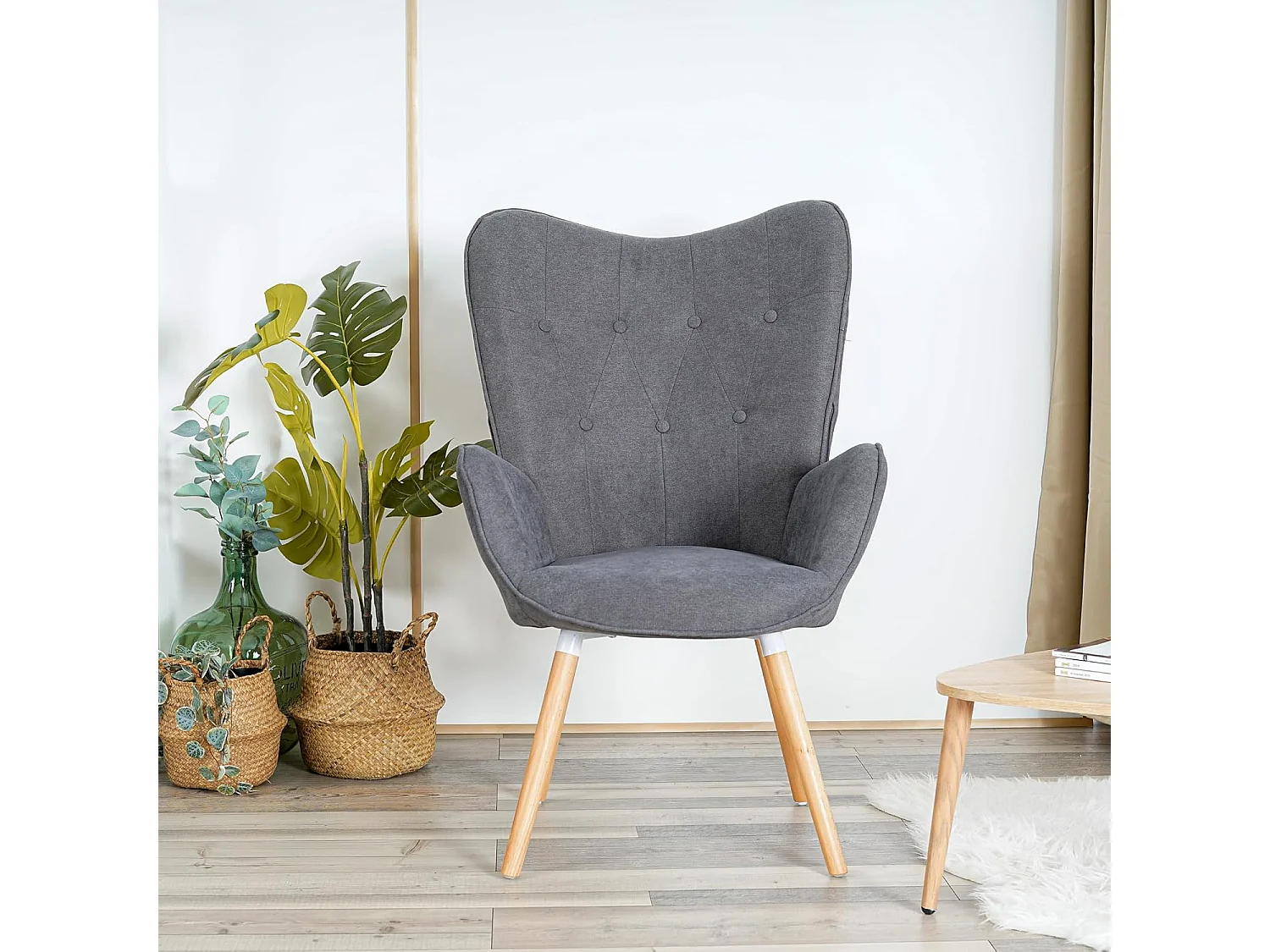 MEUBLES COSY Fauteuil Salon Scandinave Confortable Chaise de Coiffeuse Canapé de Loisirs pour Chambre Salle à Manger Bureau avec Assise Épais Accoudoirs Rembourés en Tissu Pieds Bois Massif, Gris Tissu