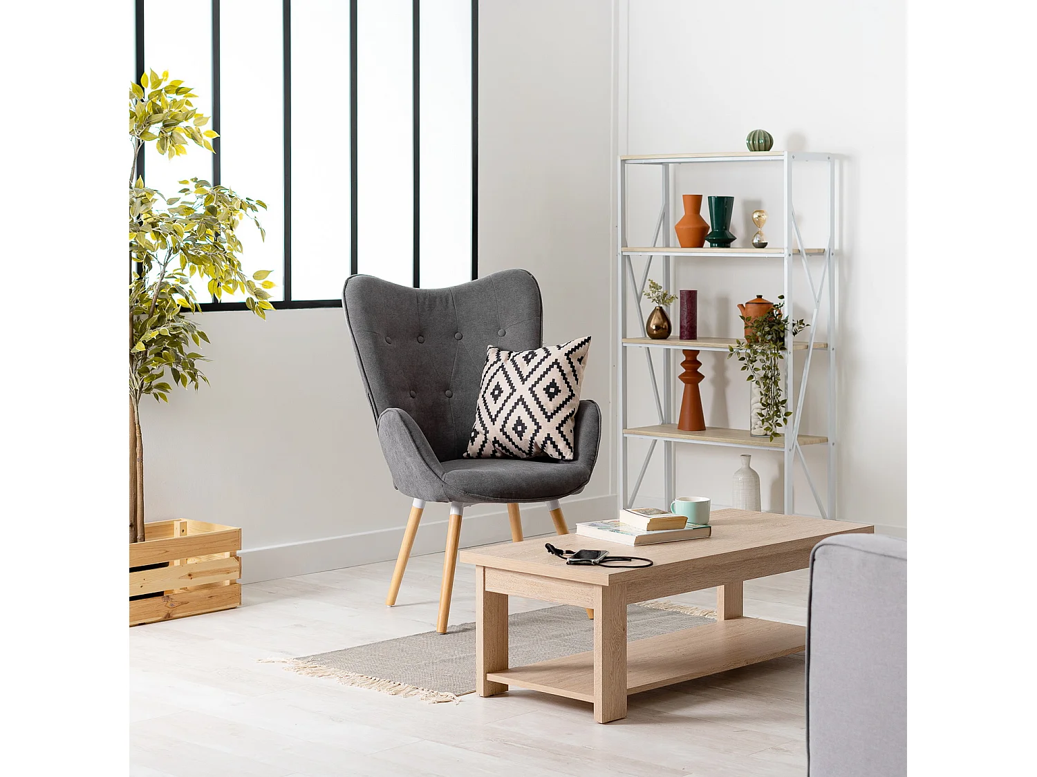 MEUBLES COSY Fauteuil Salon Scandinave Confortable Chaise de Coiffeuse Canapé de Loisirs pour Chambre Salle à Manger Bureau avec Assise Épais Accoudoirs Rembourés en Tissu Pieds Bois Massif, Gris Tissu