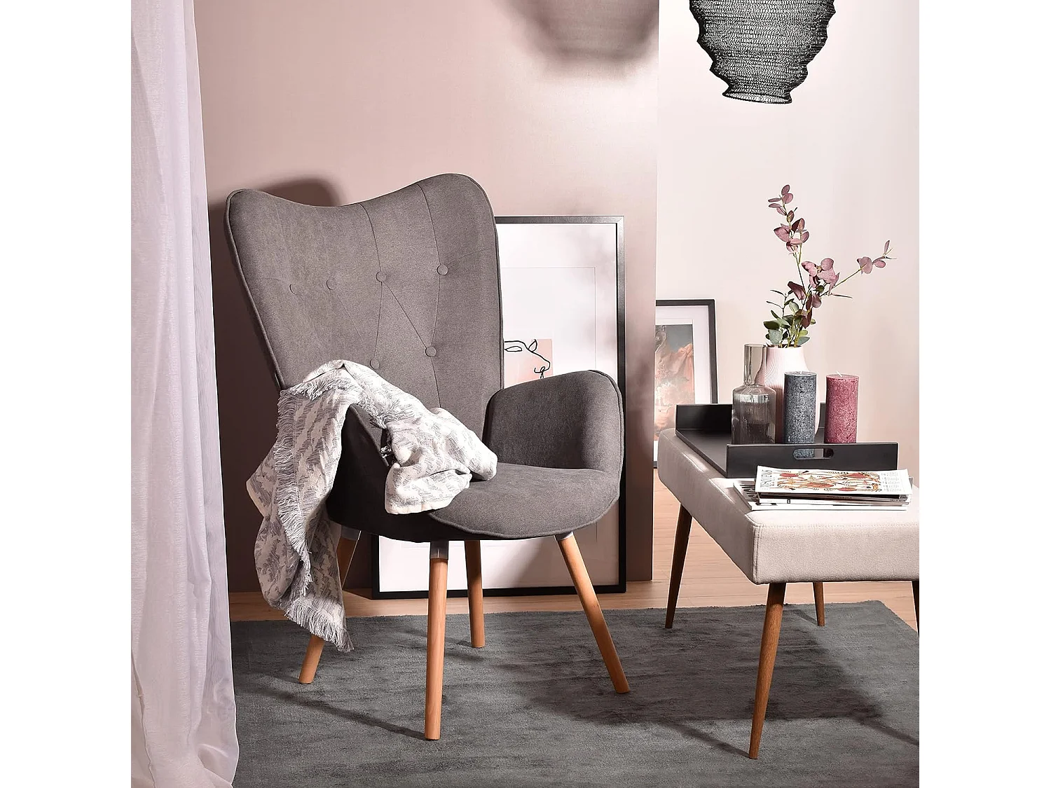 MEUBLES COSY Fauteuil Salon Scandinave Confortable Chaise de Coiffeuse Canapé de Loisirs pour Chambre Salle à Manger Bureau avec Assise Épais Accoudoirs Rembourés en Tissu Pieds Bois Massif, Gris Tissu