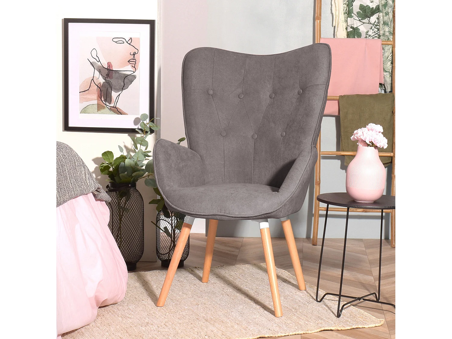 MEUBLES COSY Fauteuil Salon Scandinave Confortable Chaise de Coiffeuse Canapé de Loisirs pour Chambre Salle à Manger Bureau avec Assise Épais Accoudoirs Rembourés en Tissu Pieds Bois Massif, Gris Tissu