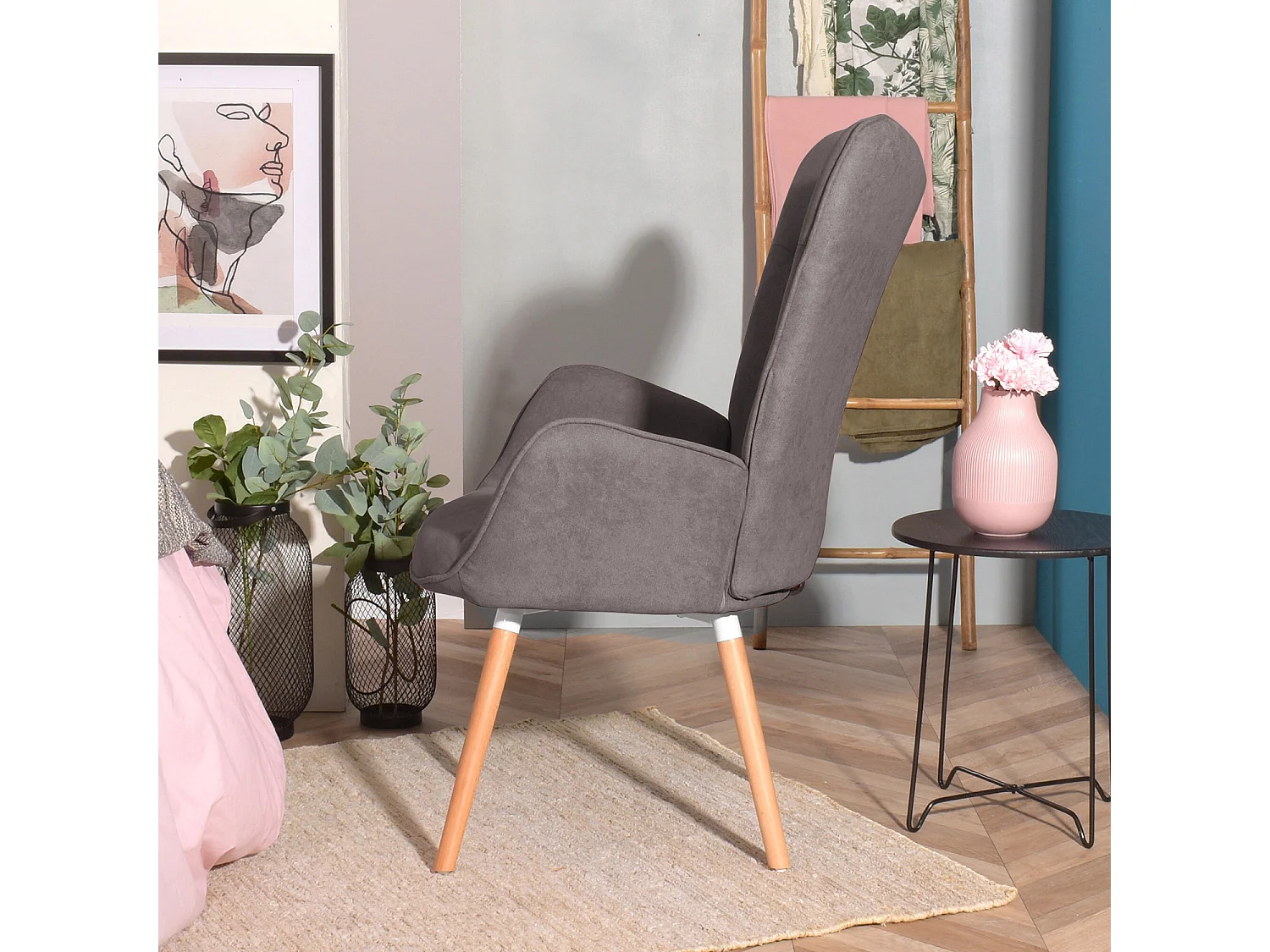 MEUBLES COSY Fauteuil Salon Scandinave Confortable Chaise de Coiffeuse Canapé de Loisirs pour Chambre Salle à Manger Bureau avec Assise Épais Accoudoirs Rembourés en Tissu Pieds Bois Massif, Gris Tissu