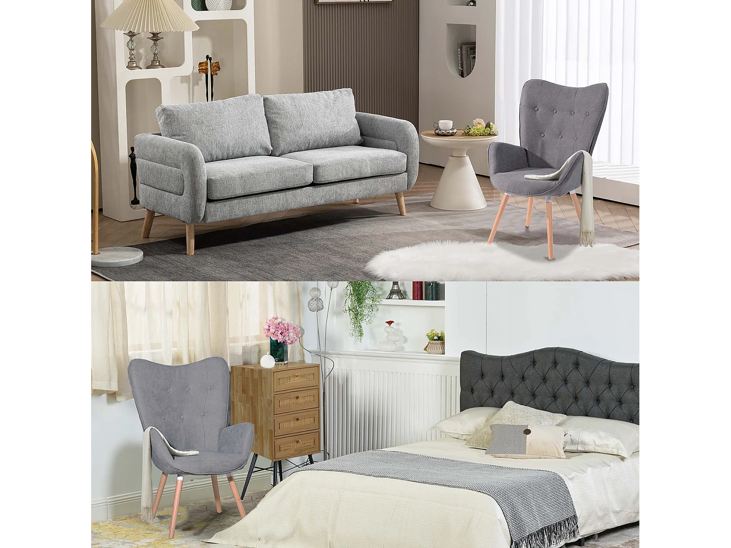 MEUBLES COSY Fauteuil Salon Scandinave Confortable Chaise de Coiffeuse Canapé de Loisirs pour Chambre Salle à Manger Bureau avec Assise Épais Accoudoirs Rembourés en Tissu Pieds Bois Massif, Gris Tissu