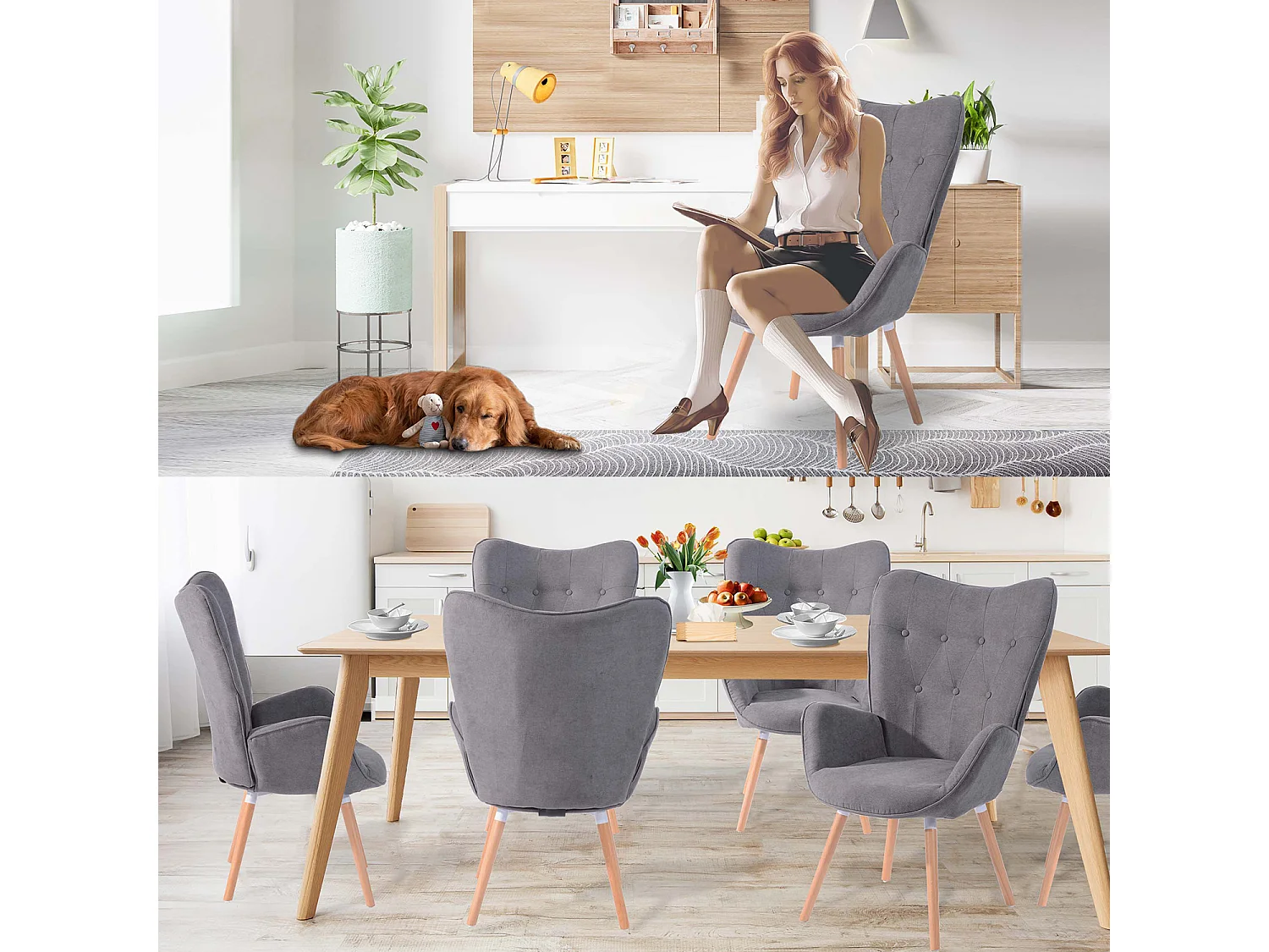 MEUBLES COSY Fauteuil Salon Scandinave Confortable Chaise de Coiffeuse Canapé de Loisirs pour Chambre Salle à Manger Bureau avec Assise Épais Accoudoirs Rembourés en Tissu Pieds Bois Massif, Gris Tissu