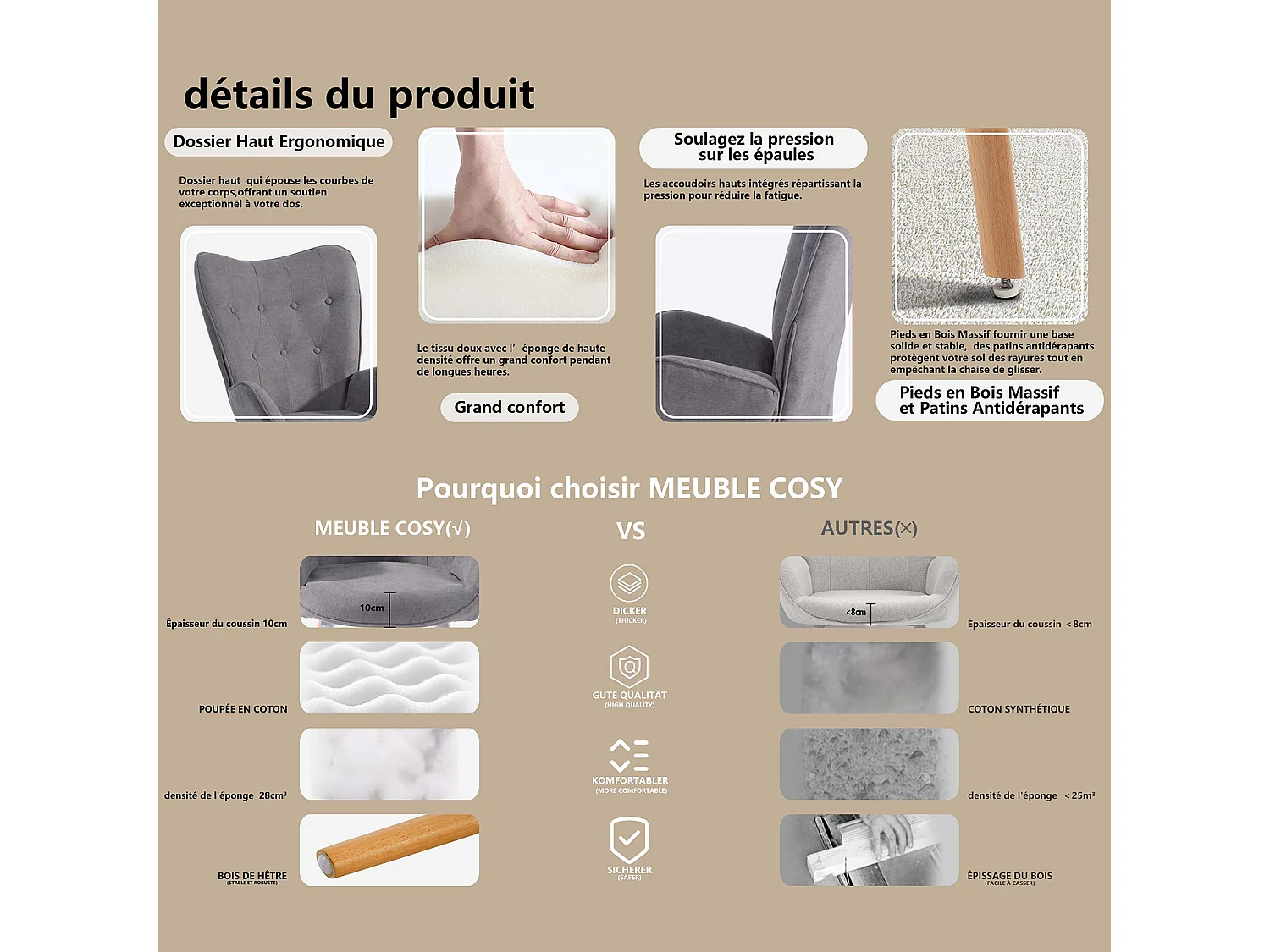 MEUBLES COSY Fauteuil Salon Scandinave Confortable Chaise de Coiffeuse Canapé de Loisirs pour Chambre Salle à Manger Bureau avec Assise Épais Accoudoirs Rembourés en Tissu Pieds Bois Massif, Gris Tissu