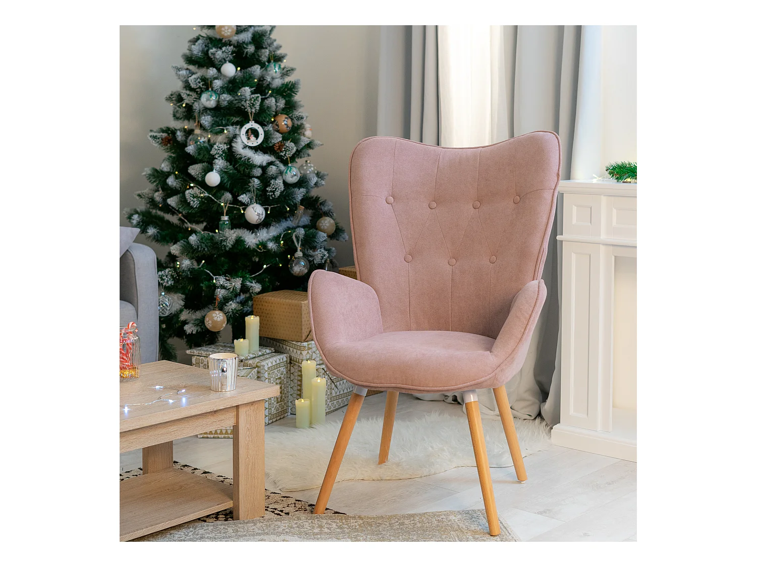 MEUBLES COSY Fauteuil Salon Scandinave Confortable Chaise de Coiffeuse Canapé de Loisirs pour Chambre Salle à Manger Bureau avec Assise Épais Accoudoirs Rembourés en Tissu Pieds Bois Massif, Rose