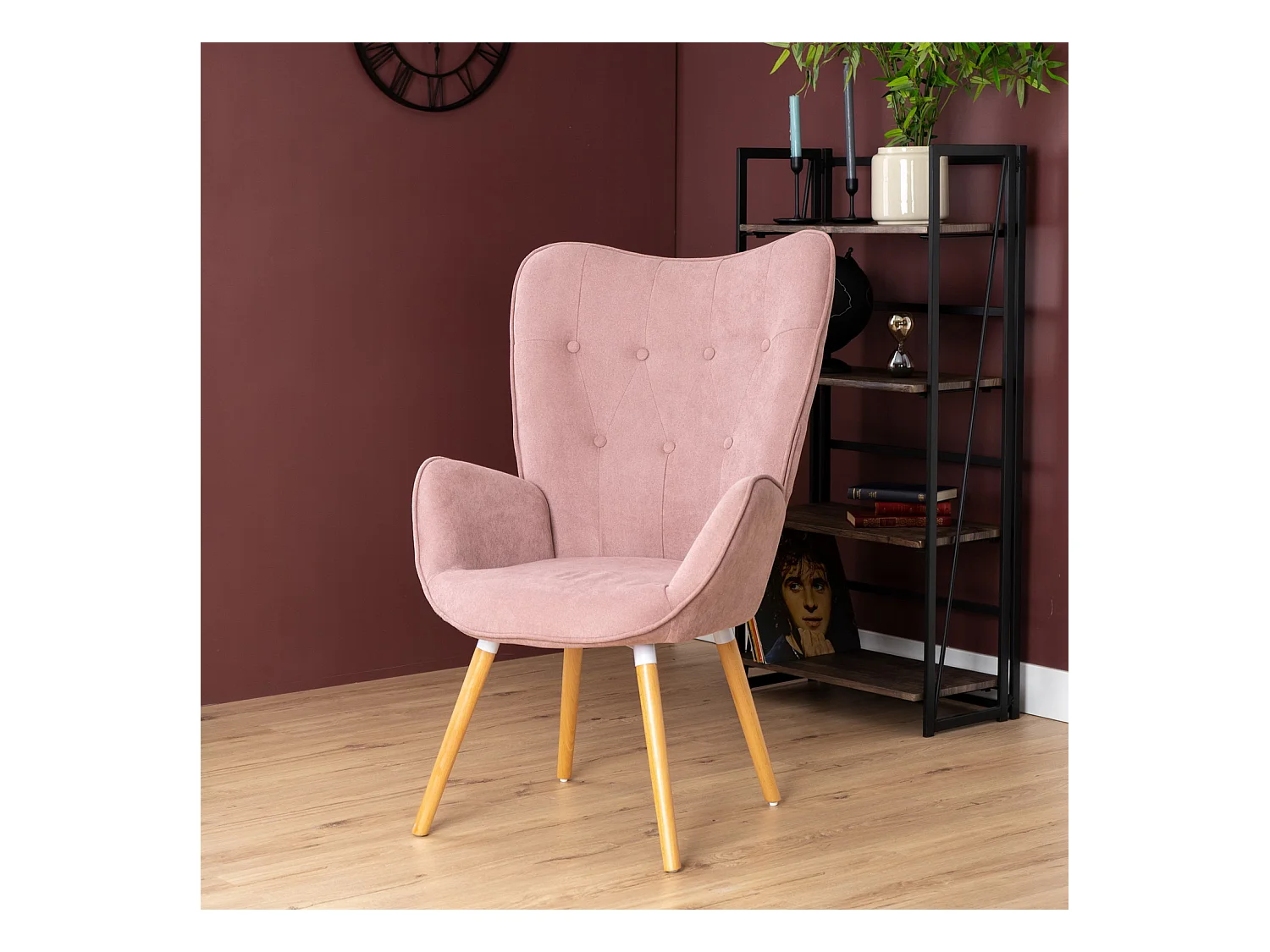 MEUBLES COSY Fauteuil Salon Scandinave Confortable Chaise de Coiffeuse Canapé de Loisirs pour Chambre Salle à Manger Bureau avec Assise Épais Accoudoirs Rembourés en Tissu Pieds Bois Massif, Rose