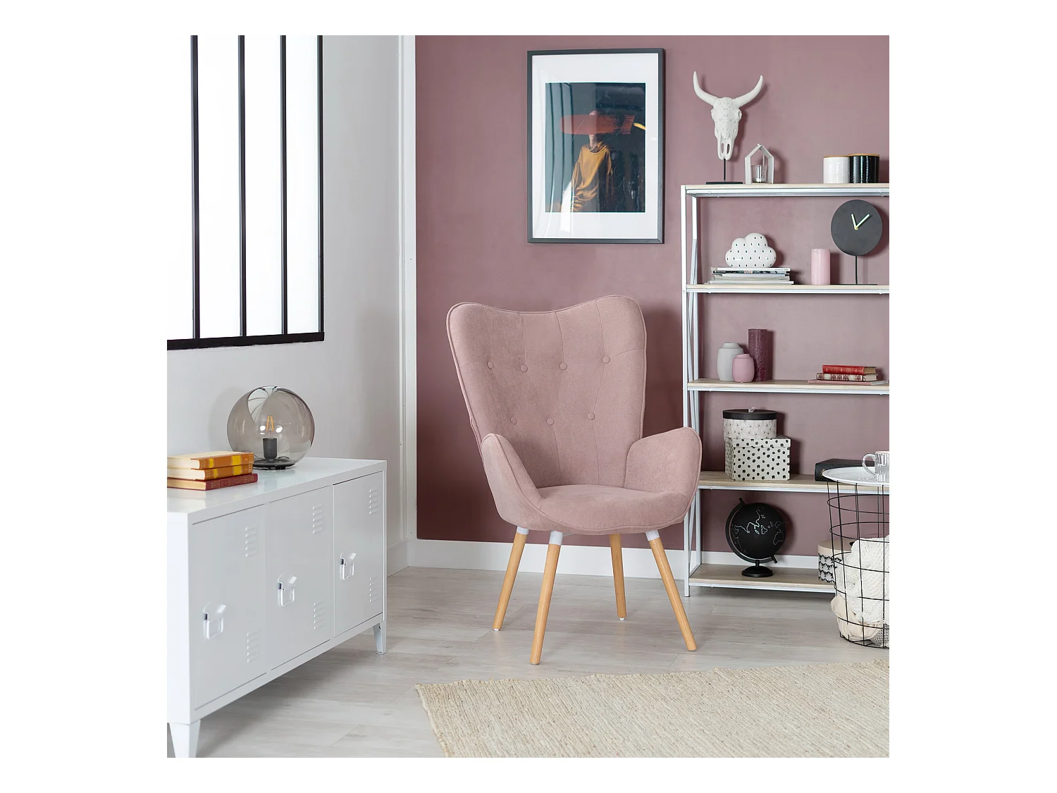 MEUBLES COSY Fauteuil Salon Scandinave Confortable Chaise de Coiffeuse Canapé de Loisirs pour Chambre Salle à Manger Bureau avec Assise Épais Accoudoirs Rembourés en Tissu Pieds Bois Massif, Rose