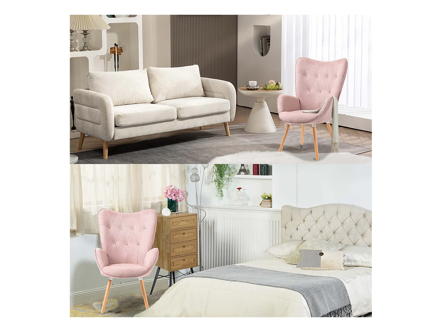 MEUBLES COSY Fauteuil Salon Scandinave Confortable Chaise de Coiffeuse Canapé de Loisirs pour Chambre Salle à Manger Bureau avec Assise Épais Accoudoirs Rembourés en Tissu Pieds Bois Massif, Rose