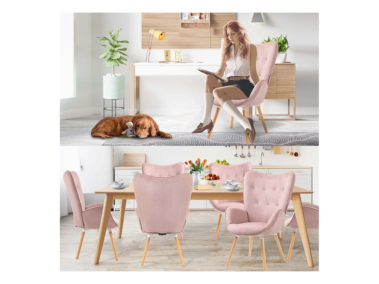 MEUBLES COSY Fauteuil Salon Scandinave Confortable Chaise de Coiffeuse Canapé de Loisirs pour Chambre Salle à Manger Bureau avec Assise Épais Accoudoirs Rembourés en Tissu Pieds Bois Massif, Rose