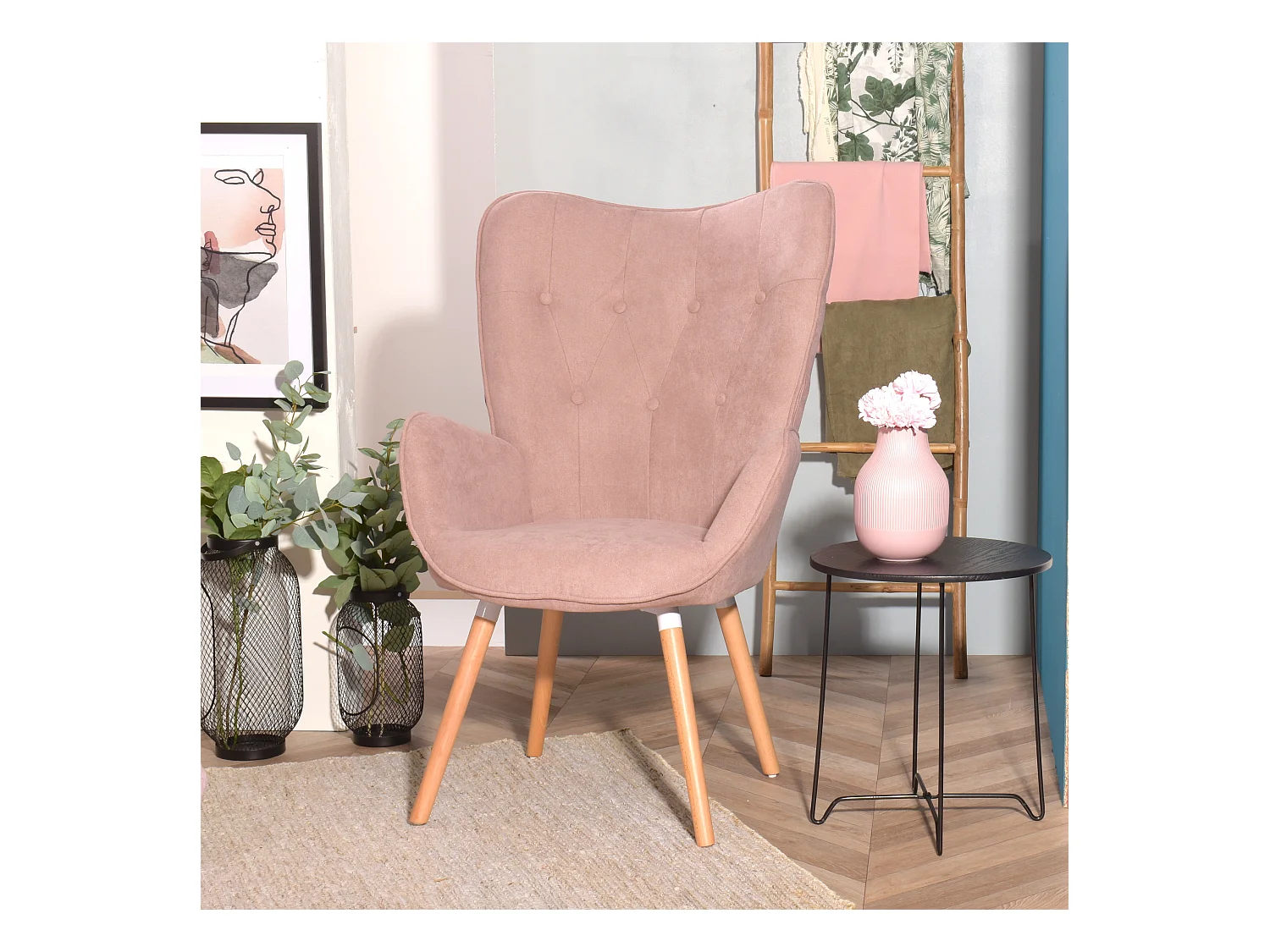 MEUBLES COSY Fauteuil Salon Scandinave Confortable Chaise de Coiffeuse Canapé de Loisirs pour Chambre Salle à Manger Bureau avec Assise Épais Accoudoirs Rembourés en Tissu Pieds Bois Massif, Rose