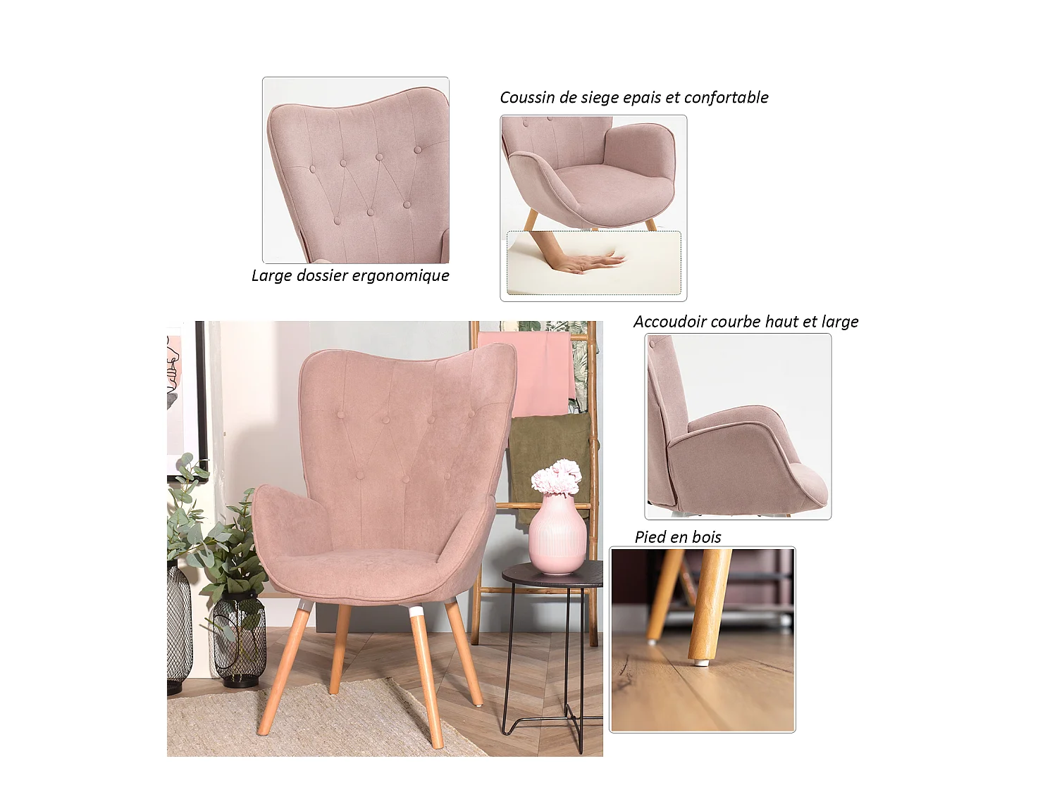 MEUBLES COSY Fauteuil Salon Scandinave Confortable Chaise de Coiffeuse Canapé de Loisirs pour Chambre Salle à Manger Bureau avec Assise Épais Accoudoirs Rembourés en Tissu Pieds Bois Massif, Rose