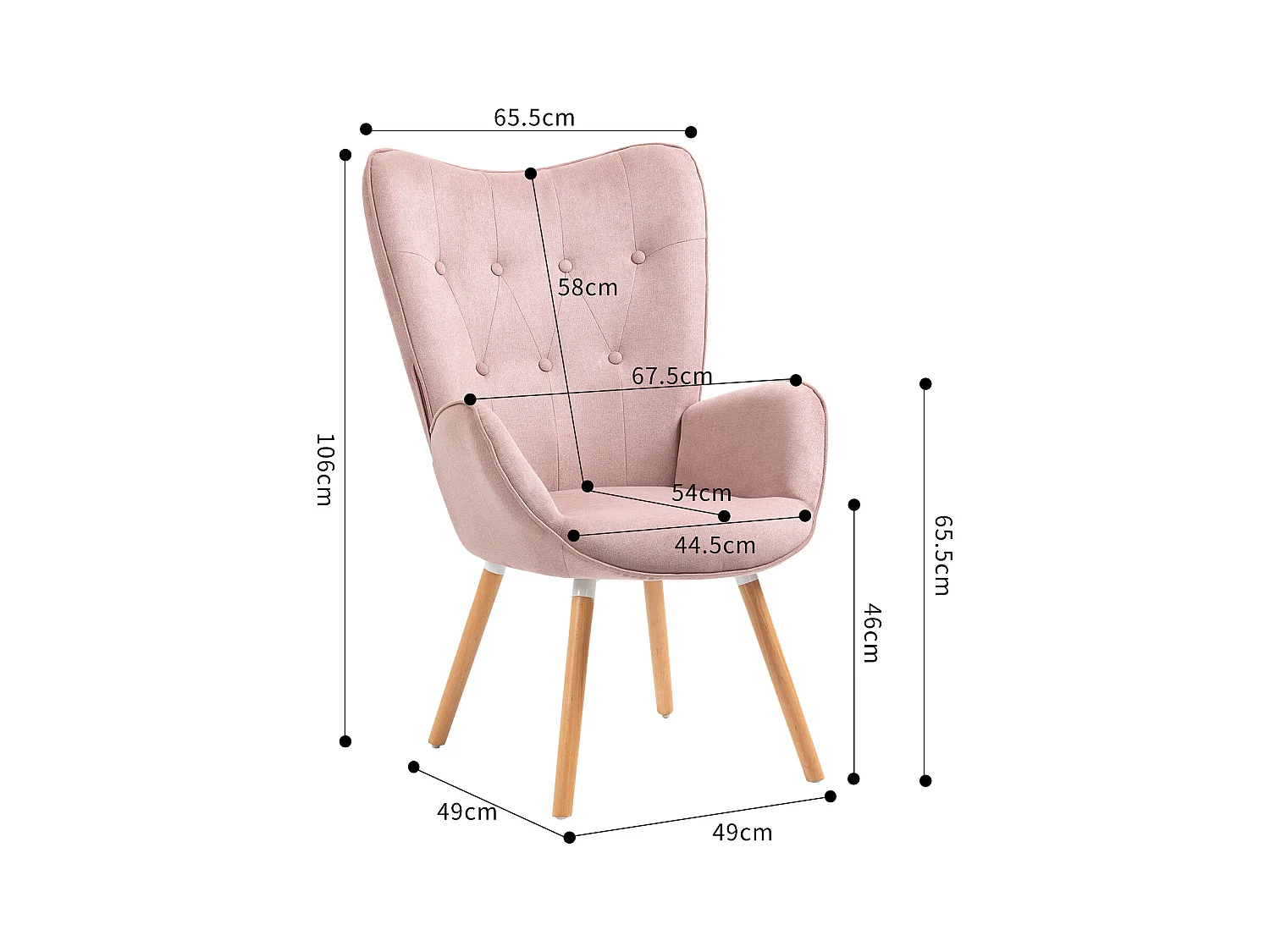 MEUBLES COSY Fauteuil Salon Scandinave Confortable Chaise de Coiffeuse Canapé de Loisirs pour Chambre Salle à Manger Bureau avec Assise Épais Accoudoirs Rembourés en Tissu Pieds Bois Massif, Rose