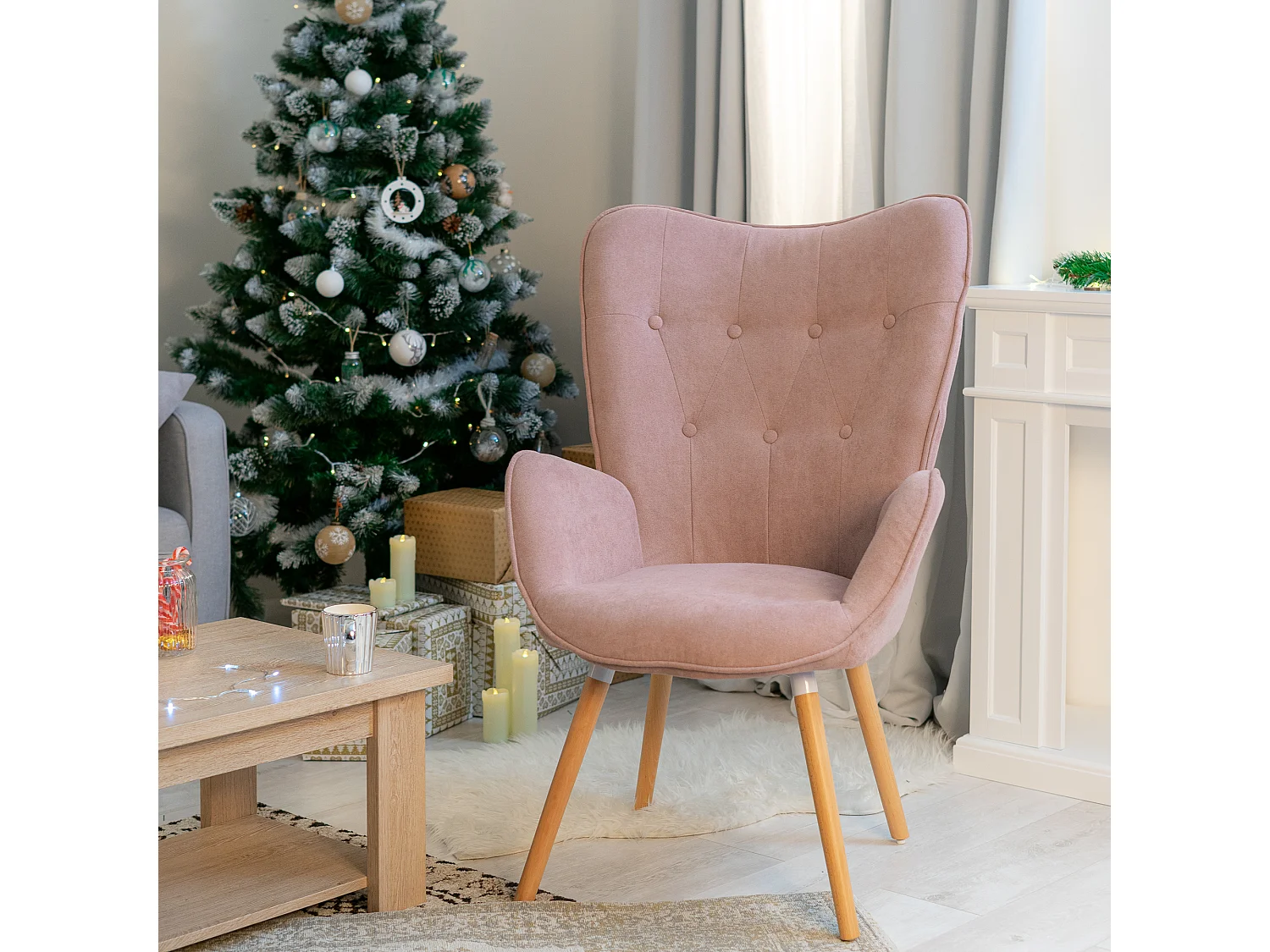 MEUBLES COSY Fauteuil Salon Scandinave Confortable Chaise de Coiffeuse Canapé de Loisirs pour Chambre Salle à Manger Bureau avec Assise Épais Accoudoirs Rembourés en Tissu Pieds Bois Massif, Rose