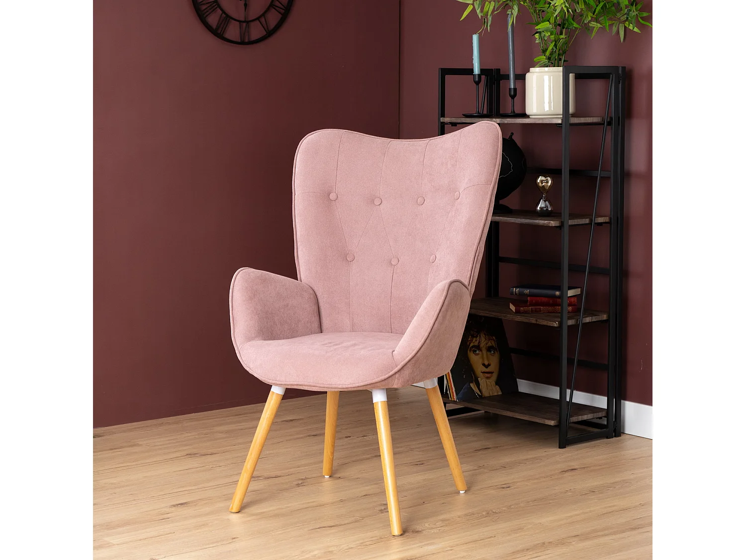 MEUBLES COSY Fauteuil Salon Scandinave Confortable Chaise de Coiffeuse Canapé de Loisirs pour Chambre Salle à Manger Bureau avec Assise Épais Accoudoirs Rembourés en Tissu Pieds Bois Massif, Rose