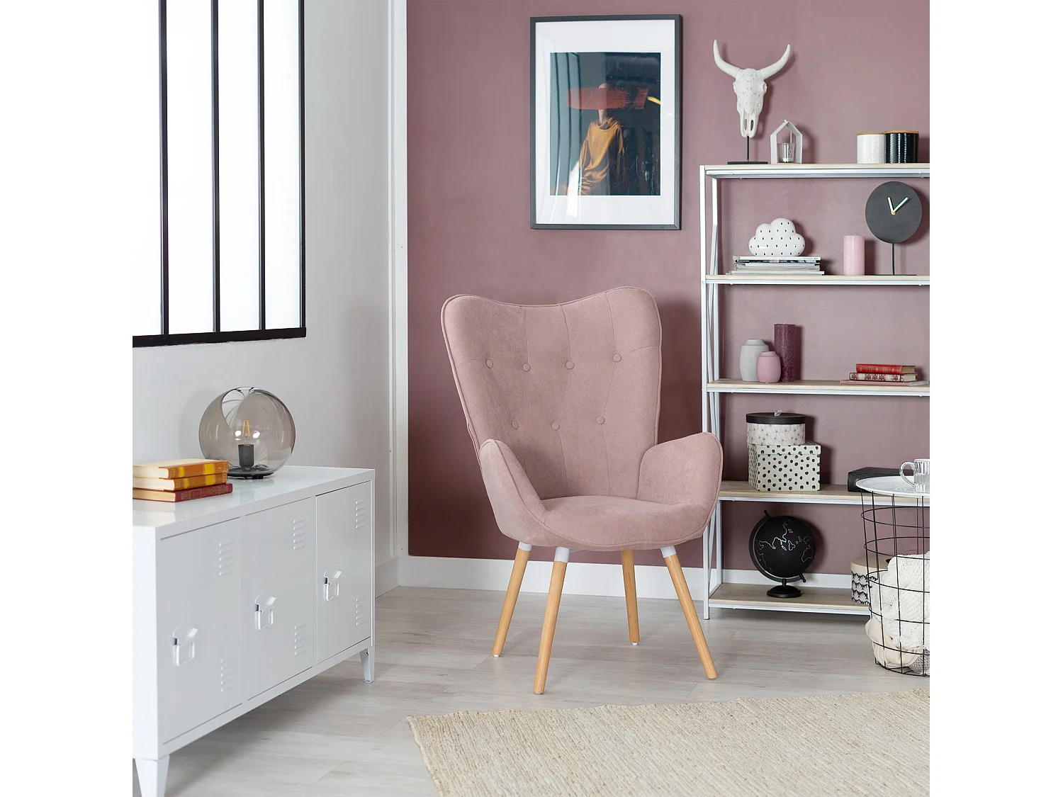 MEUBLES COSY Fauteuil Salon Scandinave Confortable Chaise de Coiffeuse Canapé de Loisirs pour Chambre Salle à Manger Bureau avec Assise Épais Accoudoirs Rembourés en Tissu Pieds Bois Massif, Rose