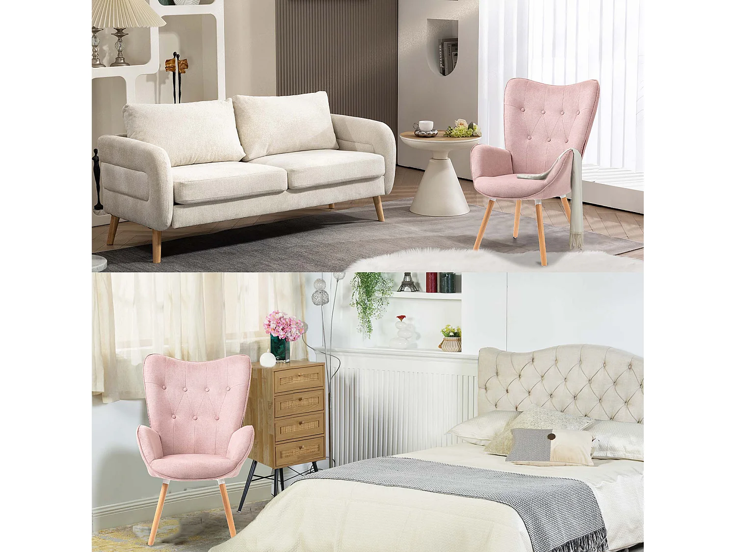MEUBLES COSY Fauteuil Salon Scandinave Confortable Chaise de Coiffeuse Canapé de Loisirs pour Chambre Salle à Manger Bureau avec Assise Épais Accoudoirs Rembourés en Tissu Pieds Bois Massif, Rose