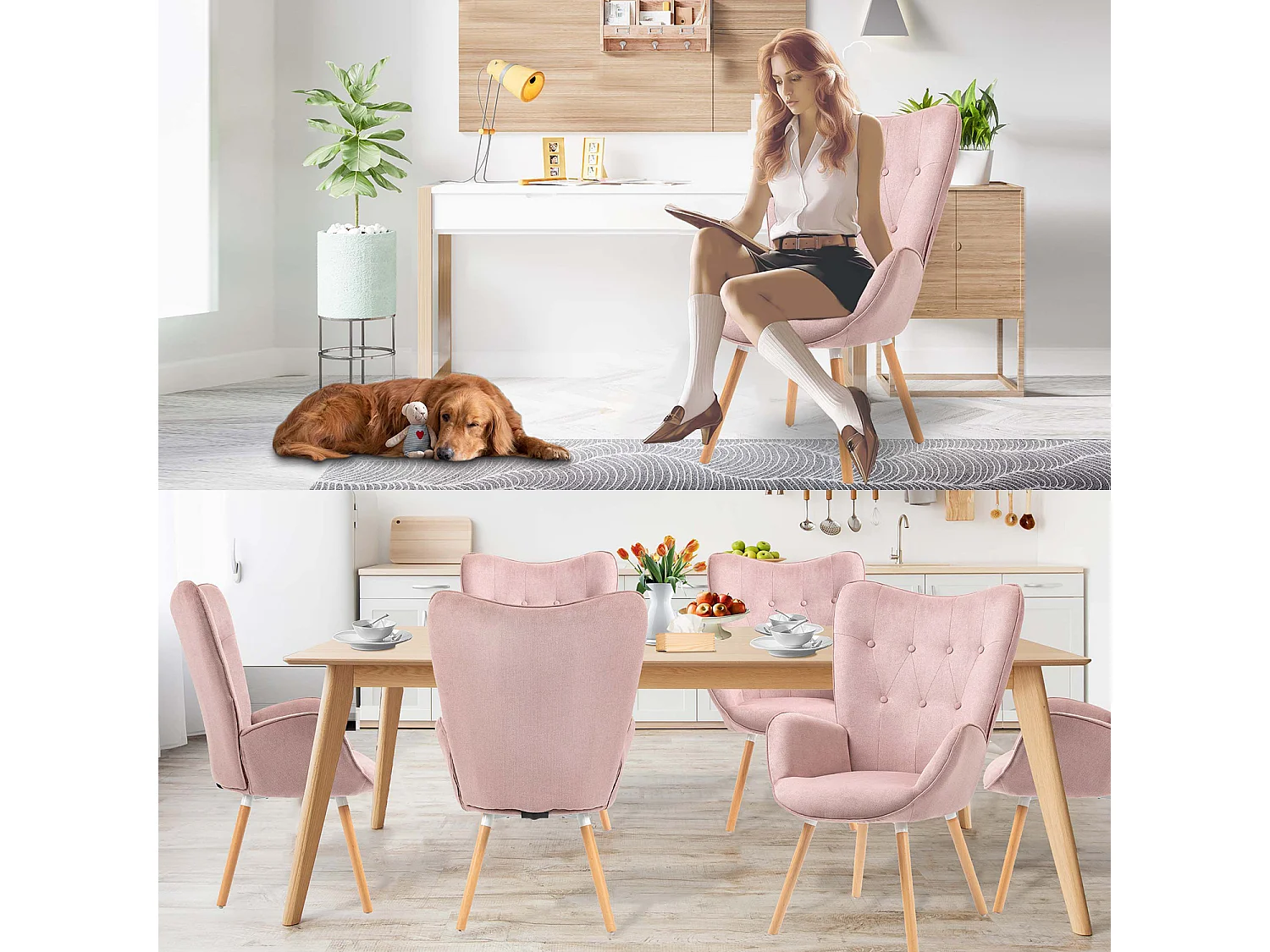 MEUBLES COSY Fauteuil Salon Scandinave Confortable Chaise de Coiffeuse Canapé de Loisirs pour Chambre Salle à Manger Bureau avec Assise Épais Accoudoirs Rembourés en Tissu Pieds Bois Massif, Rose