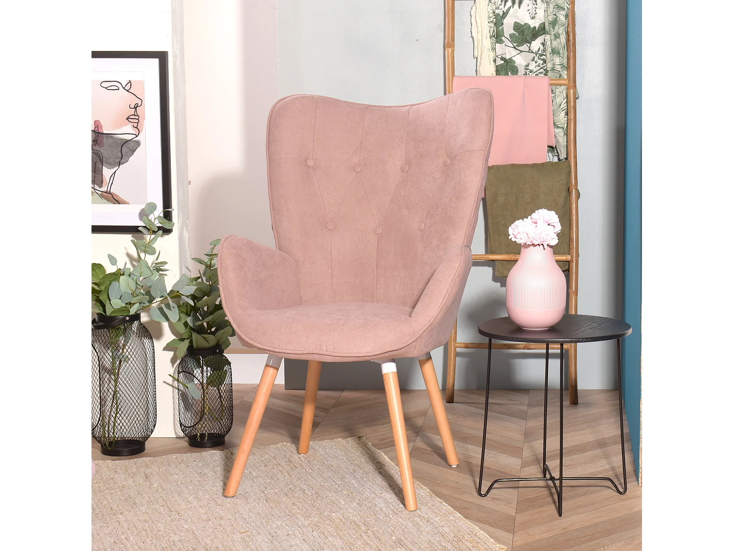 MEUBLES COSY Fauteuil Salon Scandinave Confortable Chaise de Coiffeuse Canapé de Loisirs pour Chambre Salle à Manger Bureau avec Assise Épais Accoudoirs Rembourés en Tissu Pieds Bois Massif, Rose