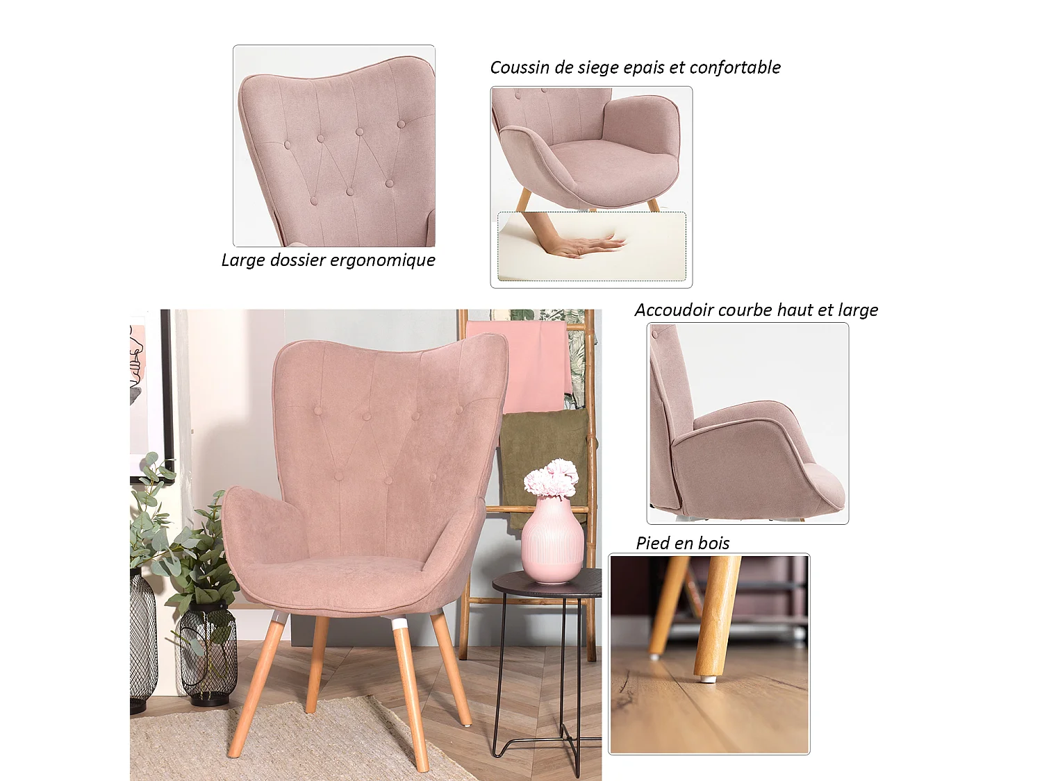 MEUBLES COSY Fauteuil Salon Scandinave Confortable Chaise de Coiffeuse Canapé de Loisirs pour Chambre Salle à Manger Bureau avec Assise Épais Accoudoirs Rembourés en Tissu Pieds Bois Massif, Rose
