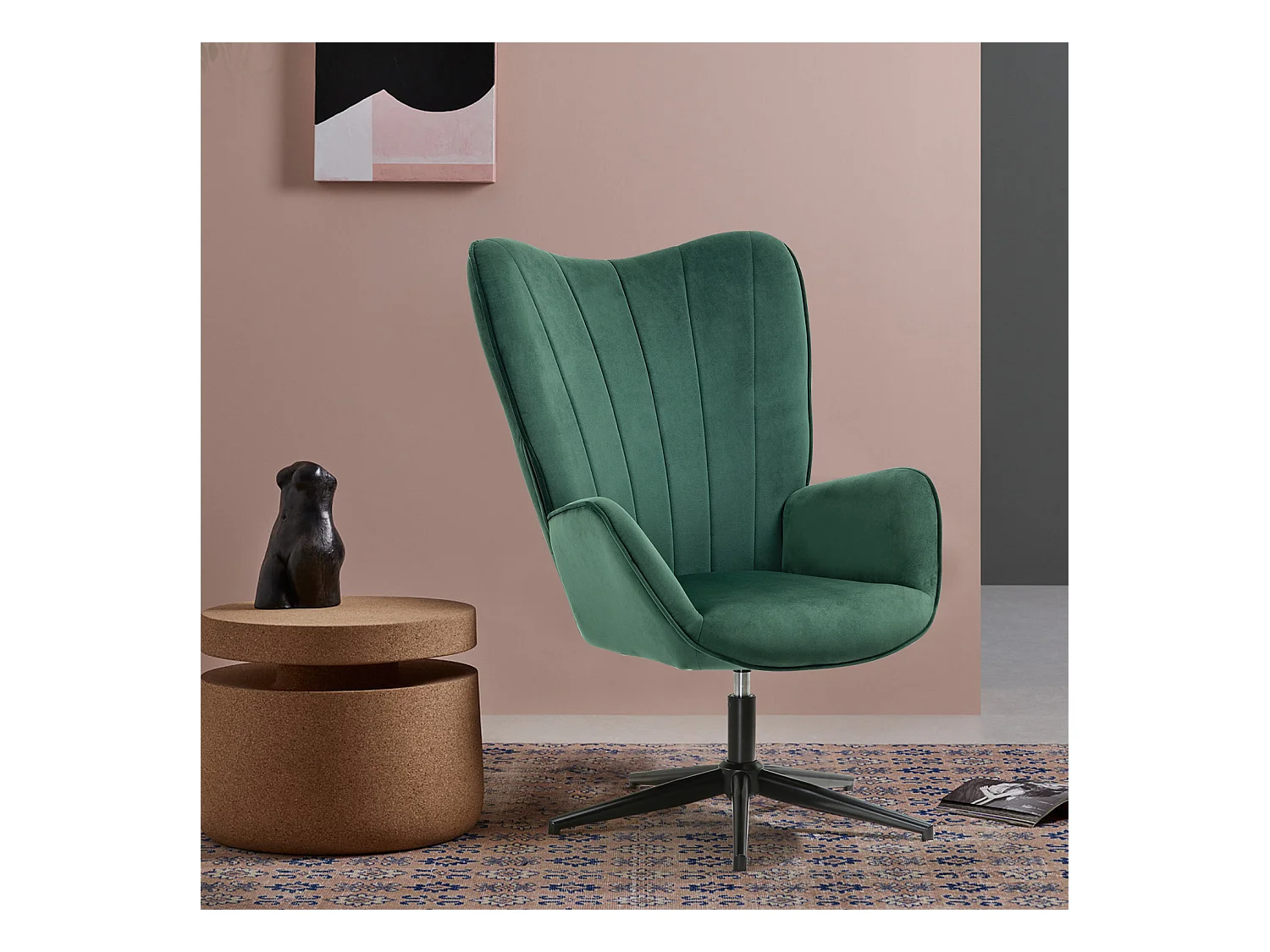 Fauteuil Scandinave Chaise Pivotant pour Bureau Salon Chambre avec Un revêtement en Tissu des Accoudoirs Rembourés, Métal, Vert, 68x87x99cm
