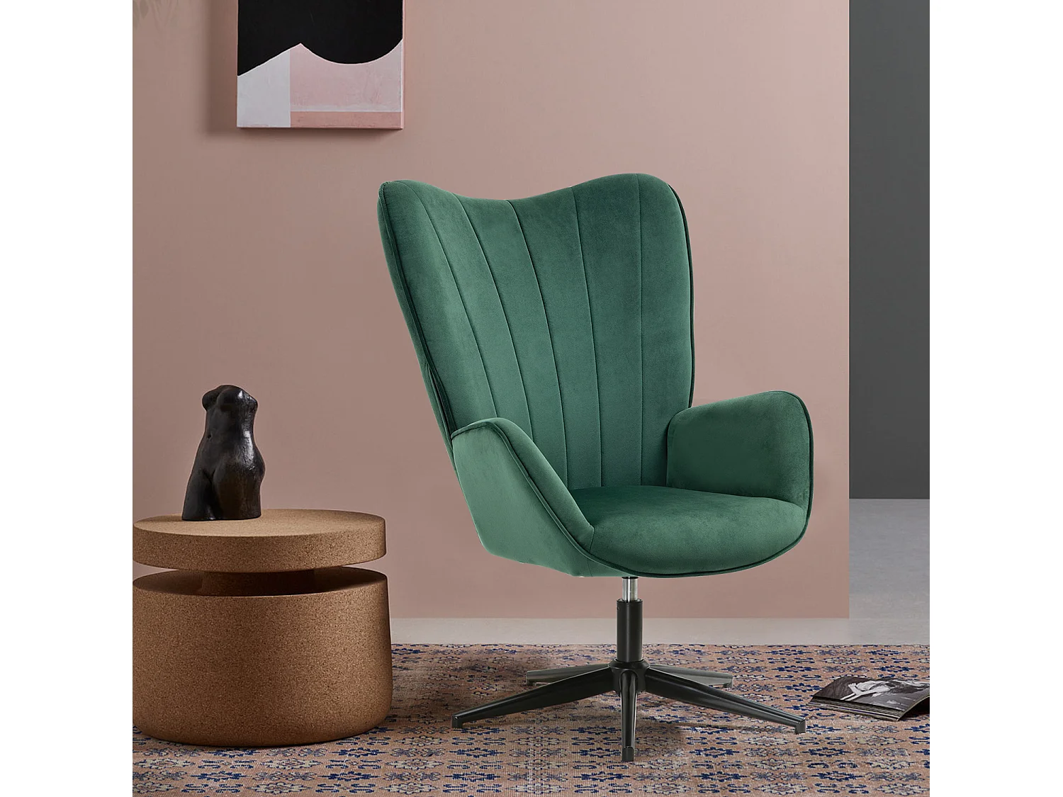 Fauteuil Scandinave Chaise Pivotant pour Bureau Salon Chambre avec Un revêtement en Tissu des Accoudoirs Rembourés, Métal, Vert, 68x87x99cm