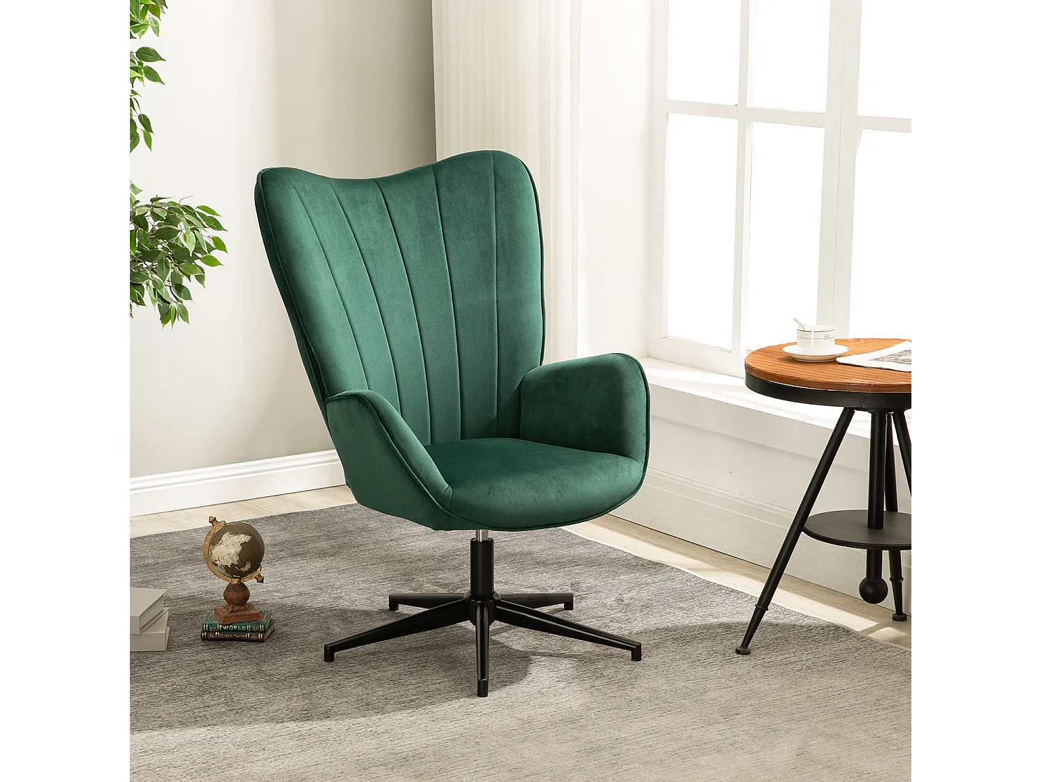 Fauteuil Scandinave Chaise Pivotant pour Bureau Salon Chambre avec Un revêtement en Tissu des Accoudoirs Rembourés, Métal, Vert, 68x87x99cm