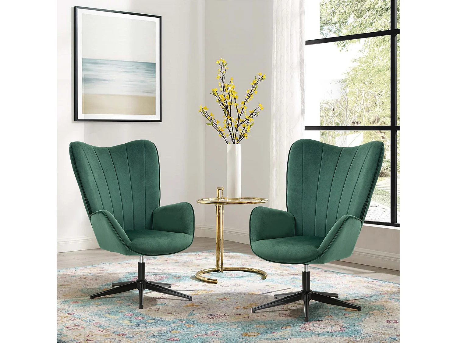 Fauteuil Scandinave Chaise Pivotant pour Bureau Salon Chambre avec Un revêtement en Tissu des Accoudoirs Rembourés, Métal, Vert, 68x87x99cm