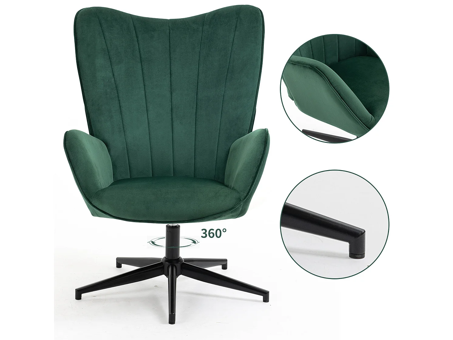 Fauteuil Scandinave Chaise Pivotant pour Bureau Salon Chambre avec Un revêtement en Tissu des Accoudoirs Rembourés, Métal, Vert, 68x87x99cm